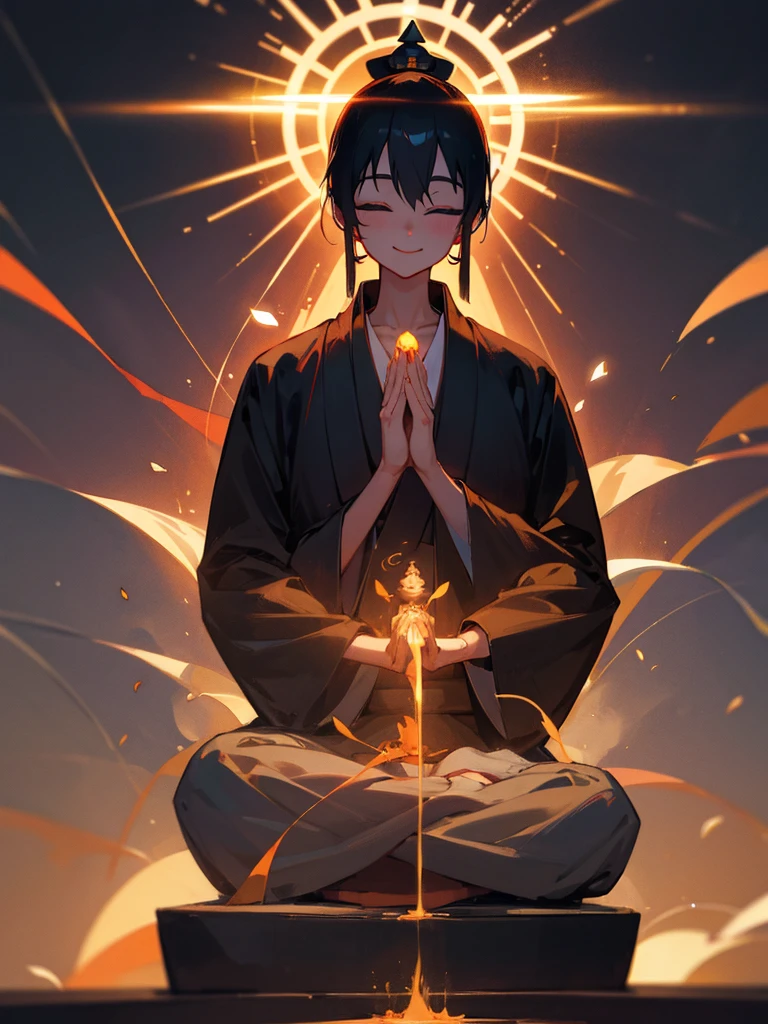 Amitabha Buddha smiling eyes closed zazen halo black hair hands together