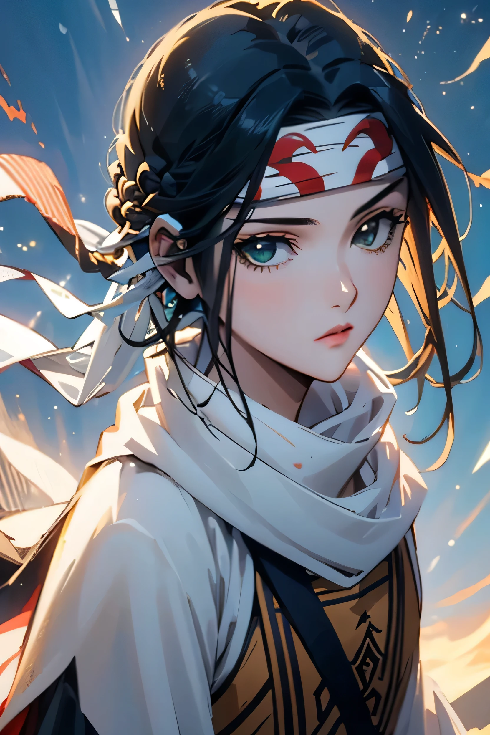 ((masterpiece、Highest quality、Super detailed))、1 girl、solo、scarf、head band、arms、Best Quality、Black Hair、Braid、ponytail、Green Eyes、Headband、whole body、action、looking at the camera、grassland