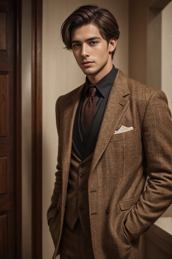 man, 25 years old, brown hair and eyes, handsome, 1900 style, clothes from 10's, stylish, very handsome, FUJIFILM, cinematography, 16k, uhd, 