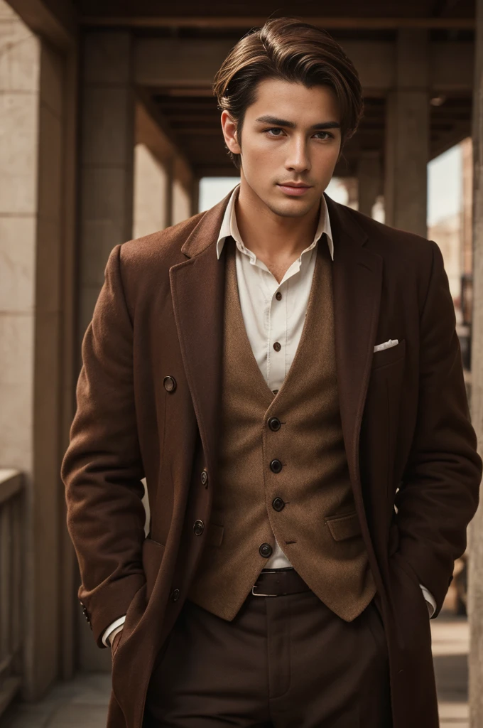 man, 25 years old, brown hair and eyes, handsome, 1900 style, clothes from 10's, stylish, very handsome, FUJIFILM, cinematography, 16k, uhd,