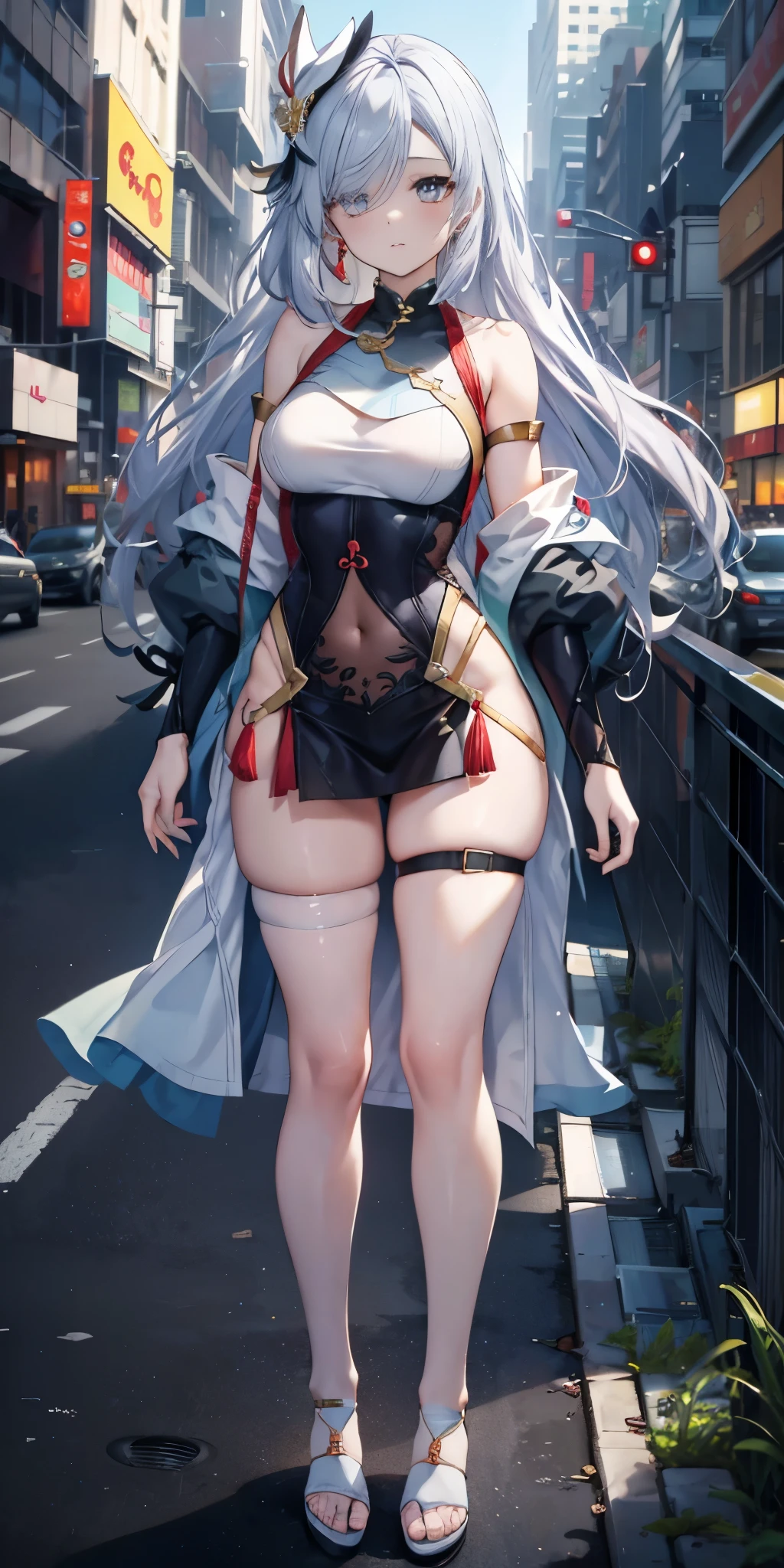 Shenhe V4, (Shen He wears a sweater),, stocking, (Solitary:1.1), (Mature woman:1.2), Pretty Face, (Delicate eyes), Symmetrical eyes, (Thin lips), (Long hair, Gray hair, Weaving, Hair covering one eye, Hair accessories), (Beautiful round breasts), Full body, Abdominal muscles, Bare belly, Slim waist, (masterpiece, Best quality), Soft ambient lighting, permanent, Front view, city street background, architecture, New York, Bright colors, sunny, Blue sky, Looking at the audience, Slim waist, HD, 8K, Bright colors, complex, (Abdominal musclesurdres:1.2), Vague_background, Bokeh, (Clear focus) ((Delicate face)), Facial details, (pov thigh)