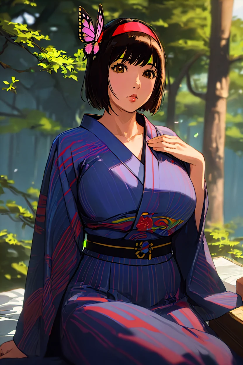 (masterpiece, best quality, realistic:1.3), cowboy shot, takes off his clothes, Itsuki Shima, mature female, long hair, long black hair tied in high ponytail, large violet eyes, violet eyes, huge breasts, cleavage, big ass, japaneese clothes, kimono, tabi, perfect body, perfect eyes, anime eyes, eyeshadow, perfect face,, blush, smirking:1.1), onsen background, night sky, starts, bright background, lanterns, intricate background, sharp focus, professional artwork, intricate details, vibrant colors, vivid colors, Diffused lighting, digital blending, ultra detailed body, ultra detail hair, ultra detail face, trending on pixiv,