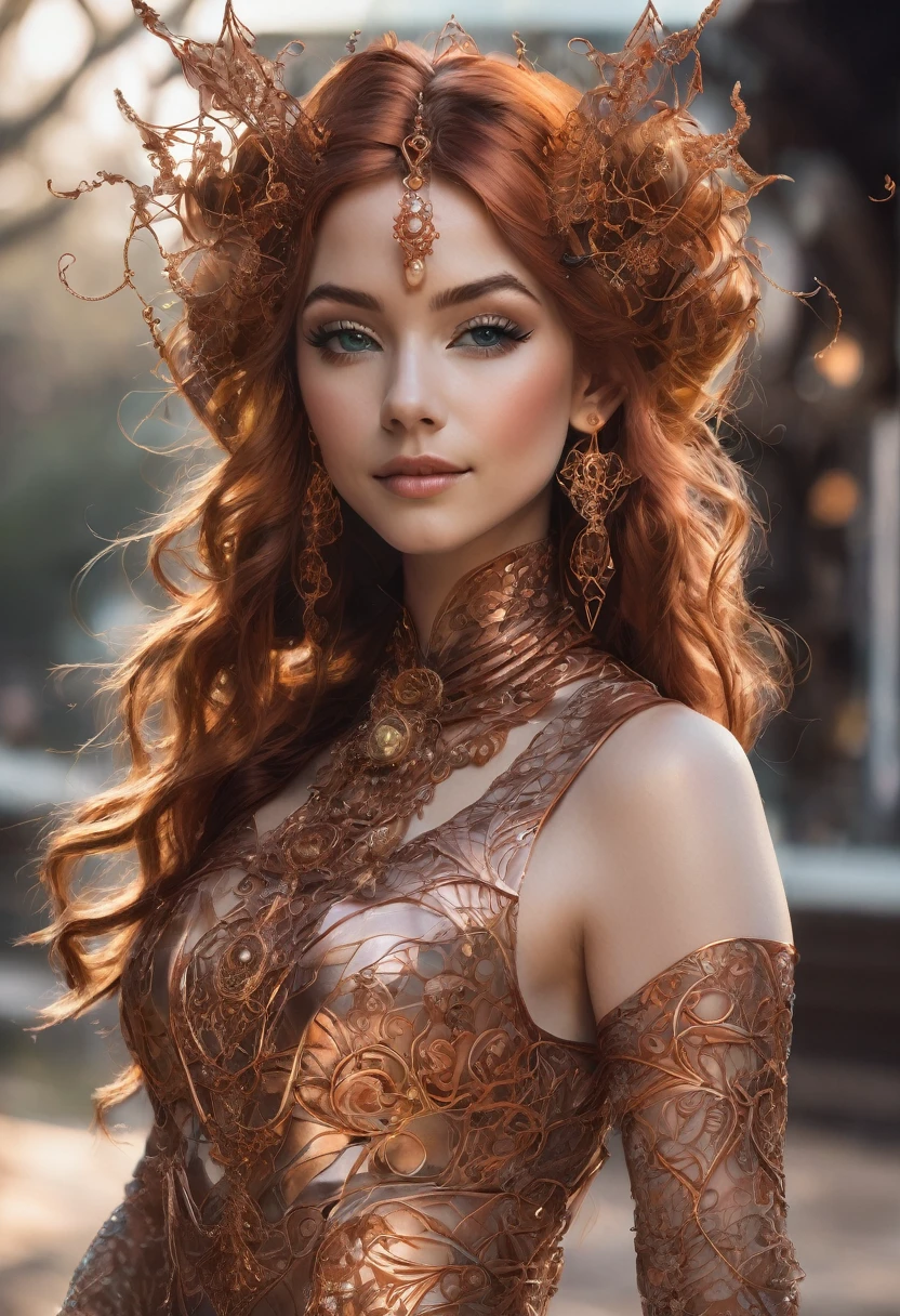 Steampunk inspired goblin princess. copper wire necklaces and bangles. Crown of fine copper wire. copper coloured tatoos cover her face and body intricate and beautiful designs. LArge pointed ears that end in curlicues. Hands on hips. Ember colored eyes adorned with intricate copper wireing. a pure white dress, hemmed with copper, covered in copper lace and filligree. silver designs cover the skirt in a kaleidoscope of intricate copper designs. Background is magical verdant forrest. Her visage is a mesmerizing blend of Sydney Sweeney, Alison Brie, Dove-Cameron, creating a unique, symmetrical face that exudes elegance and grace. copper colores face tattoos. Copper colored arms, and chest tatoos. Cozy, romantic lighting. Cheerful smile. Copper hair that shimmers and sparkles in the lights. Hourglass figure. copper lips. dark copper eye shadow.
