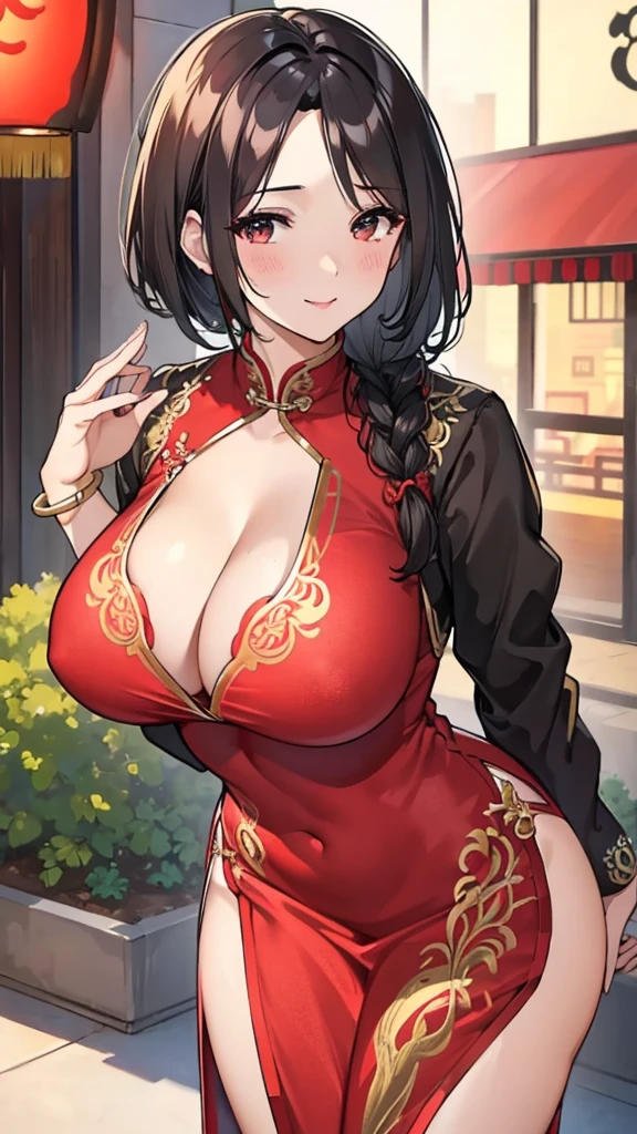 a beautiful woman,Standard red silk cheongsam,side braid,short black hair,Large Breasts,Sexy,Slim body,noble, (gold embroidery thread), (Such),cleavage, City,Outdoor Chinese restaurant,Smile,lipstick,Wear a gold bracelet on your right hand