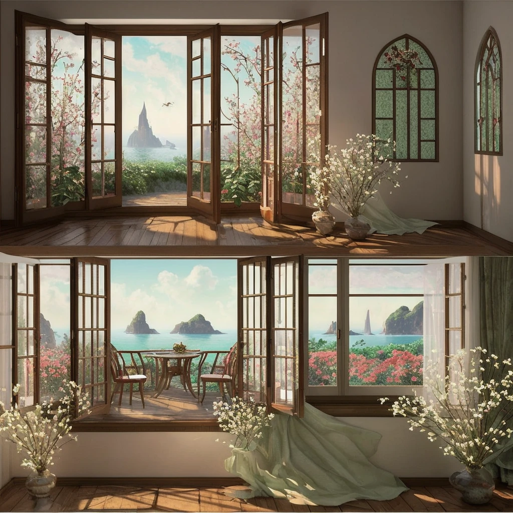 there is a realistic details room with a large window and a bunch of cherry flowers, open real window ib background, photo of a beautiful window, portal made of roses, beatiful realistic backgrounds, beautiful and aesthetic realistic , the window is open, beautiful scenic realistic sea view, floral environment, open window, unreal engine ; romantic theme, beautiful aesthetic design, window and city background, beautiful render of a fairytale