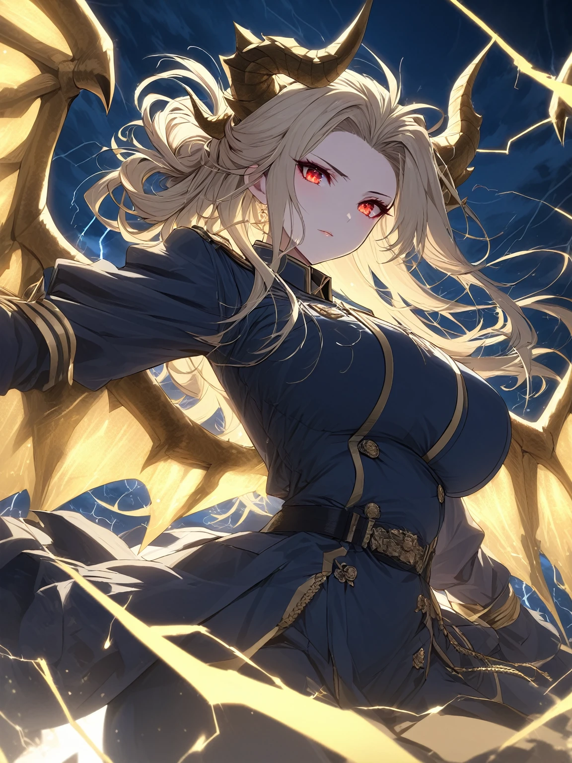 Masterpiece, very detailed, ultra detailed, one, (1 woman), she is in an ancient blue military uniform with white, long golden hair and tied hair and wild bangs, yellow demonic horns, yellow dragon wings, beautiful, charming, bright blood-red eyes, light eyes, elegant, large breasts (huge), neutral face, she is against the background of the night sky, thunderstorms and lightning.