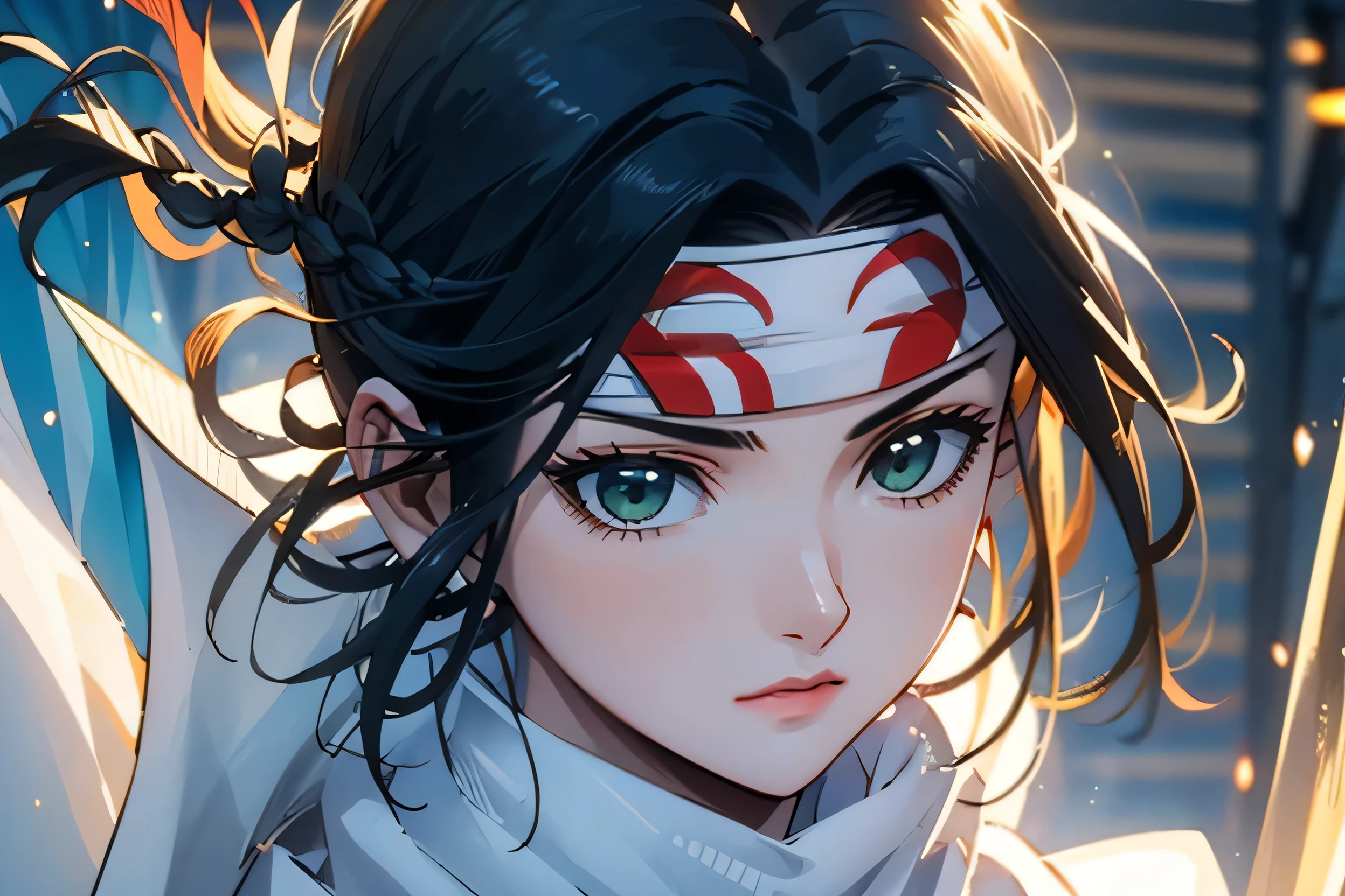 ((masterpiece、Highest quality、Super detailed))、1 girl、solo、scarf、head band、arms、Best Quality、Black Hair、Braid、ponytail、Green Eyes、Headband、whole body、action、looking at the camera、grassland