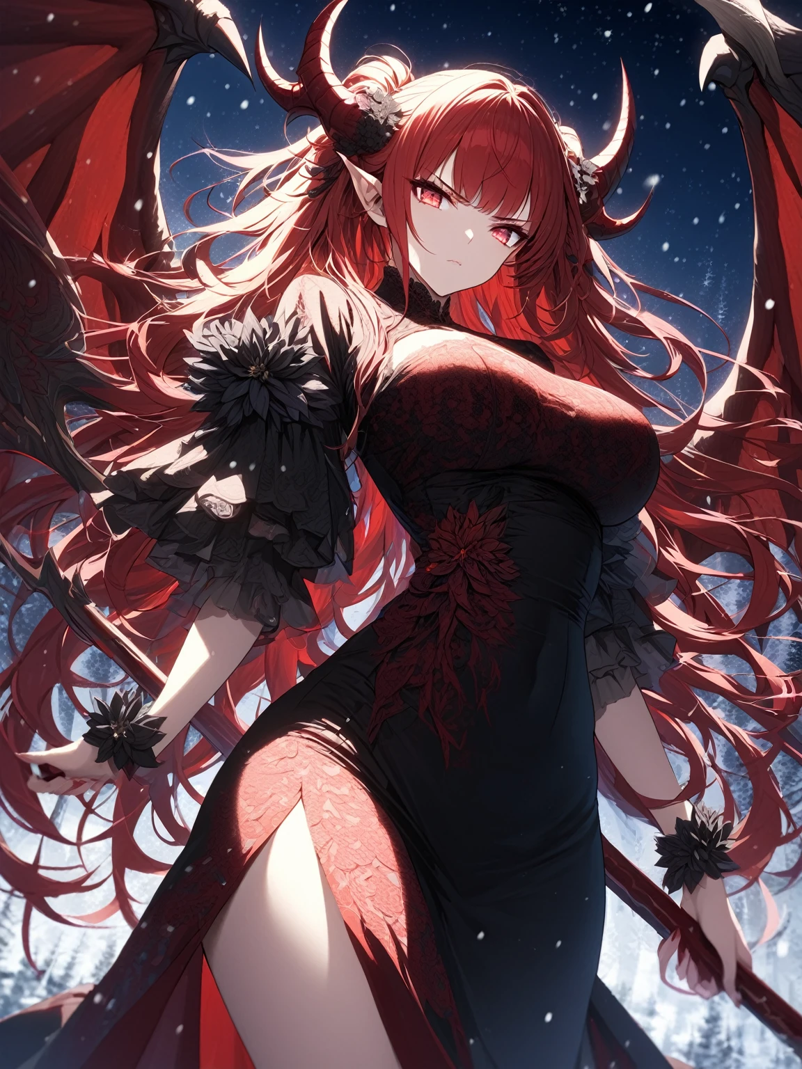Masterpiece, very detailed, ultra detailed, one, (1 woman), she is in a red lace dress with black flowers on the dress, long hair, bright blood-red hair and wild bangs and tied hair, red demonic horns, red dragon wings, beautiful, charming, bright blood-red eyes, light eyes, elegant, large breasts (huge), serious and neutral face, she is against the background of the night sky and falling snow.