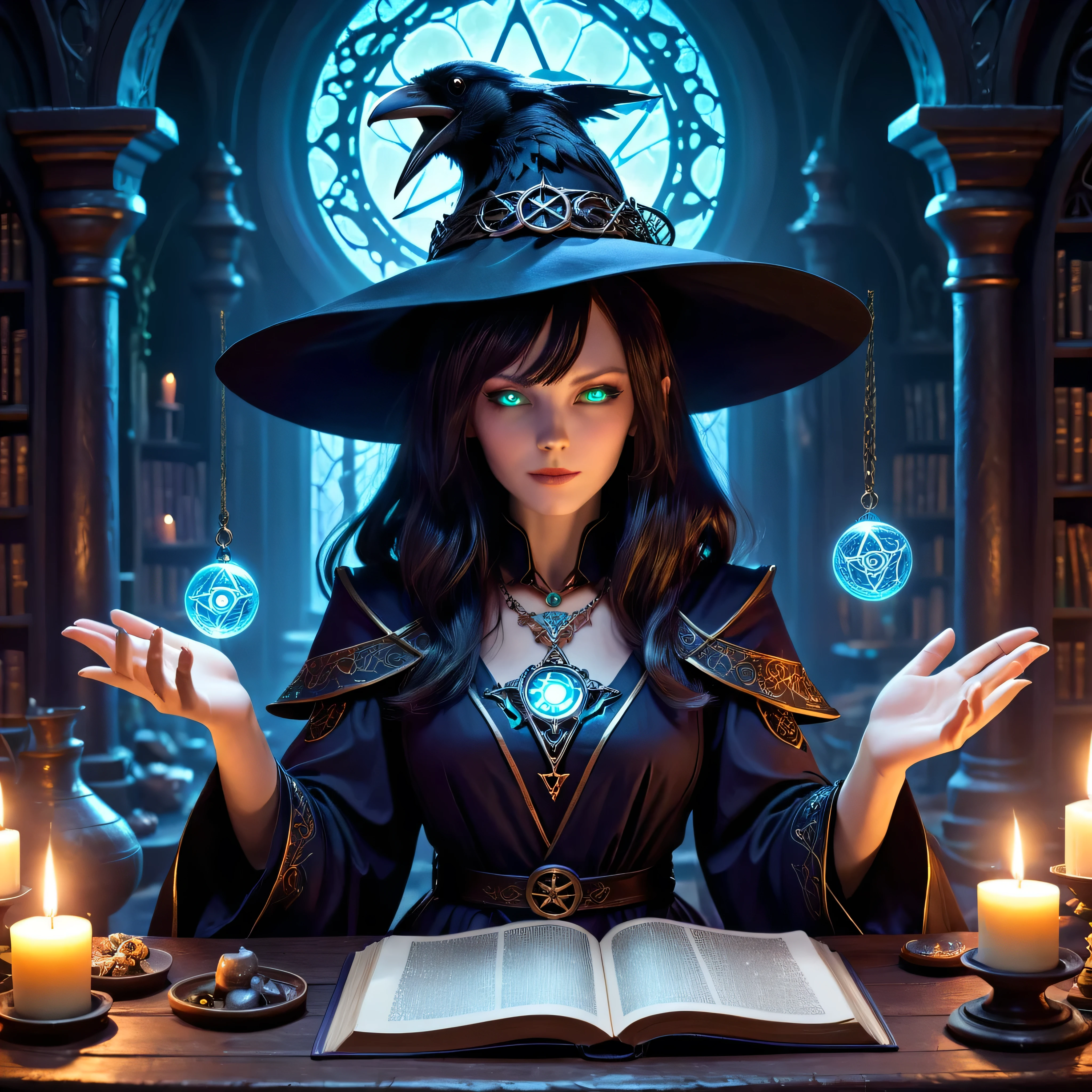 depicts a modern-day witch (Kat Beckinsale) who has embraced the world of cybernetics to enhance her magical abilities. The artwork should convey the enchanting blend of traditional witchcraft and futuristic technology. Here are some specific elements to include: The Witch's Lair: The setting should be a cozy yet slightly eerie room, filled with magical books, crystal balls, potion ingredients, and antique furnishings. The room should be dimly lit by candles and a soft, mystical glow emanating from her cybernetic enhancements. The Cyborg Witch: The central focus of the artwork is the witch herself. She's a striking figure with a mix of traditional witch attire and cybernetic enhancements. Her clothing should have a witchy, occult aesthetic, with flowing robes, a pointed hat, and an intricate pentagram necklace. Her arms, however, have been upgraded with cybernetic components that incorporate magical symbols and glowing runes. Magical Interface: The witch is in the midst of casting a spell, with a holographic, touch-screen interface floating before her. This interface includes spell incantations, arcane symbols, and digital components, demonstrating her fusion of magic and technology. Spell Ingredients: On a nearby table, there should be a collection of spell ingredients, like herbs, potions, and magical artifacts. Some of these items may have been modified with cybernetic enhancements, blurring the line between the natural and the technological. Familiar: The witch's familiar, perhaps a cat or raven, should be present in the scene, serving as her magical companion. The familiar could also have subtle cybernetic enhancements or glowing eyes. Glowing Runes: The room should be adorned with ancient symbols and glowing runes on the walls and floor, contributing to the magical atmosphere. Aetherial Lighting: Use a combination of mystical, ethereal lighting and cybernetic glows to create a captivating interplay of light and shadow. The contrast between the tradit
