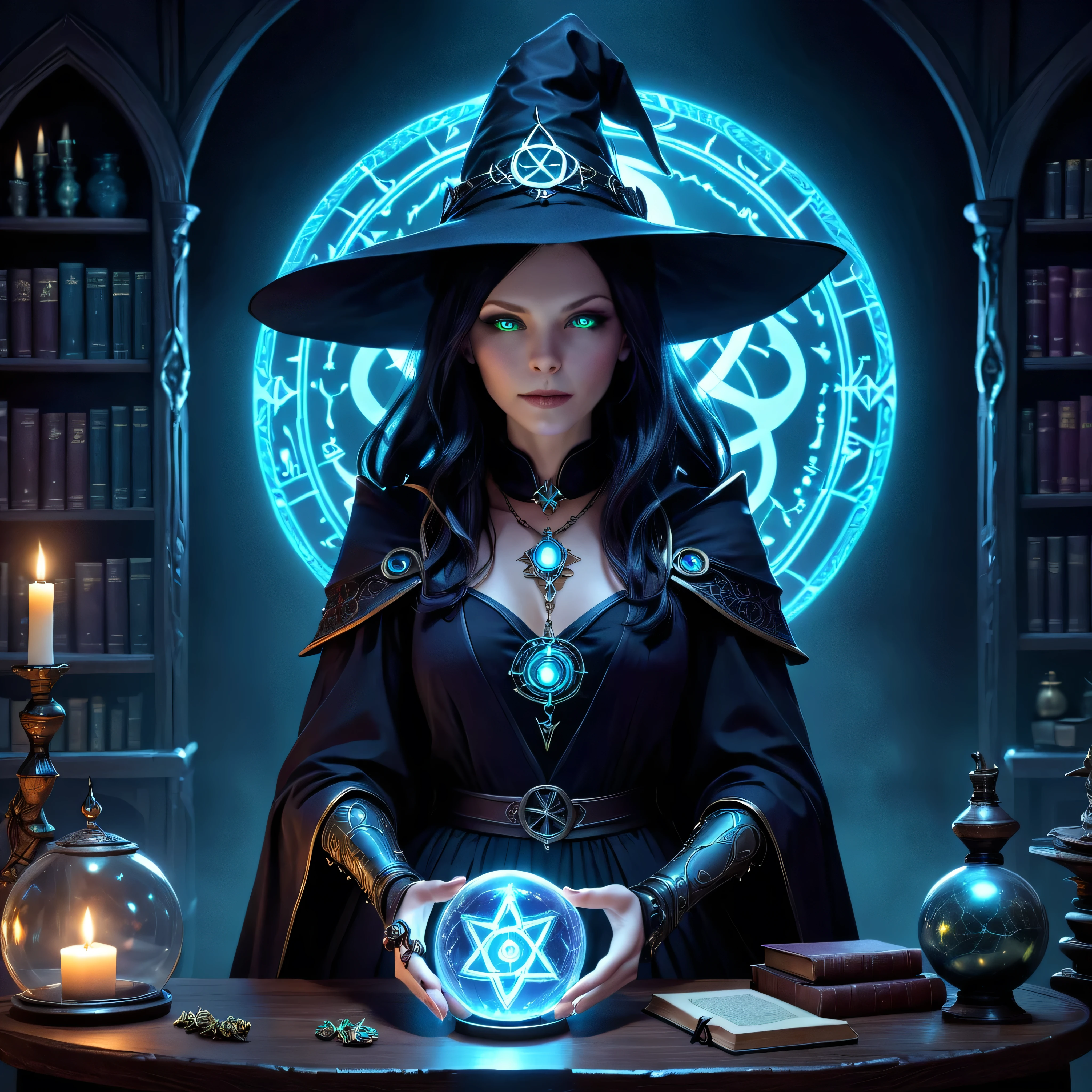 depicts a modern-day witch (Kat Beckinsale) who has embraced the world of cybernetics to enhance her magical abilities. The artwork should convey the enchanting blend of traditional witchcraft and futuristic technology. Here are some specific elements to include: The Witch's Lair: The setting should be a cozy yet slightly eerie room, filled with magical books, crystal balls, potion ingredients, and antique furnishings. The room should be dimly lit by candles and a soft, mystical glow emanating from her cybernetic enhancements. The Cyborg Witch: The central focus of the artwork is the witch herself. She's a striking figure with a mix of traditional witch attire and cybernetic enhancements. Her clothing should have a witchy, occult aesthetic, with flowing robes, a pointed hat, and an intricate pentagram necklace. Her arms, however, have been upgraded with cybernetic components that incorporate magical symbols and glowing runes. Magical Interface: The witch is in the midst of casting a spell, with a holographic, touch-screen interface floating before her. This interface includes spell incantations, arcane symbols, and digital components, demonstrating her fusion of magic and technology. Spell Ingredients: On a nearby table, there should be a collection of spell ingredients, like herbs, potions, and magical artifacts. Some of these items may have been modified with cybernetic enhancements, blurring the line between the natural and the technological. Familiar: The witch's familiar, perhaps a cat or raven, should be present in the scene, serving as her magical companion. The familiar could also have subtle cybernetic enhancements or glowing eyes. Glowing Runes: The room should be adorned with ancient symbols and glowing runes on the walls and floor, contributing to the magical atmosphere. Aetherial Lighting: Use a combination of mystical, ethereal lighting and cybernetic glows to create a captivating interplay of light and shadow. The contrast between the tradit
