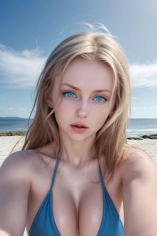 mulher de corpo inteiro, athletic body, Russian, Caucasian skin, clear blue eyes, half open mouth, with right hand on top of head, head slightly turned upward, realisitic, with beach background and left hand holding hair