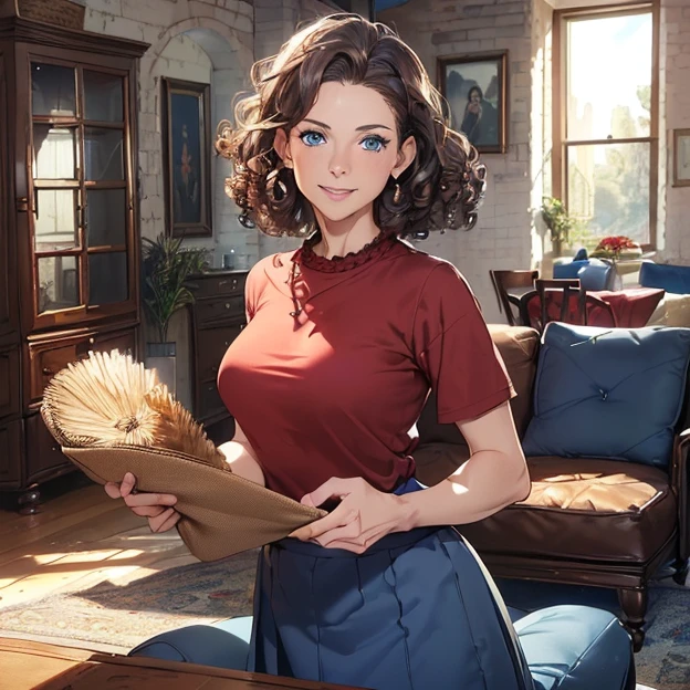(master piece, best high quality image, very good detailed image, very good detailed character, very good detailed background, very detailed textures, carefully detailed and textures, character alone, full body)
{{((1:character: 52 years old woman, (fair skin, blue eyes, brown curly hair, relaxed smile), (red shirt, grey long blue skirt), (clean living room))}}