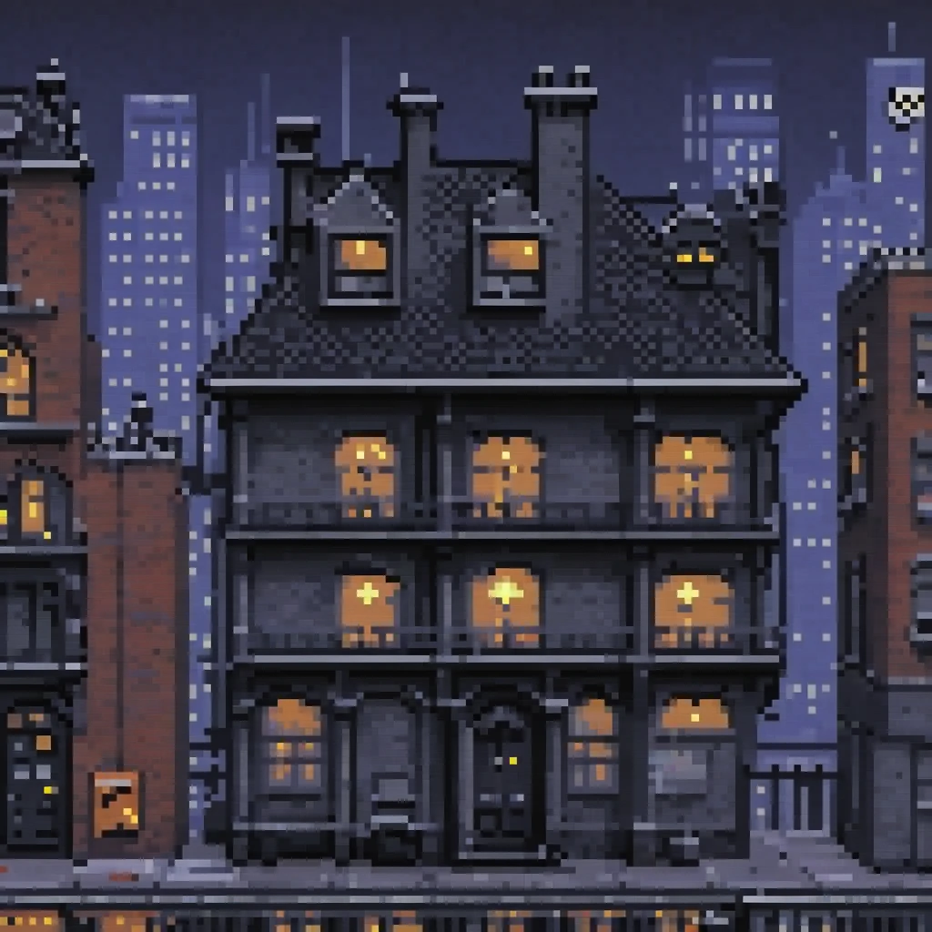 pixel art, 258 bits, sheet de casas de gotham city realista