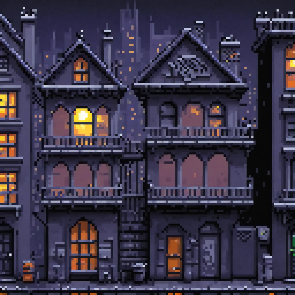 pixel art, 258 bits, sheet de casas de gotham city realista
