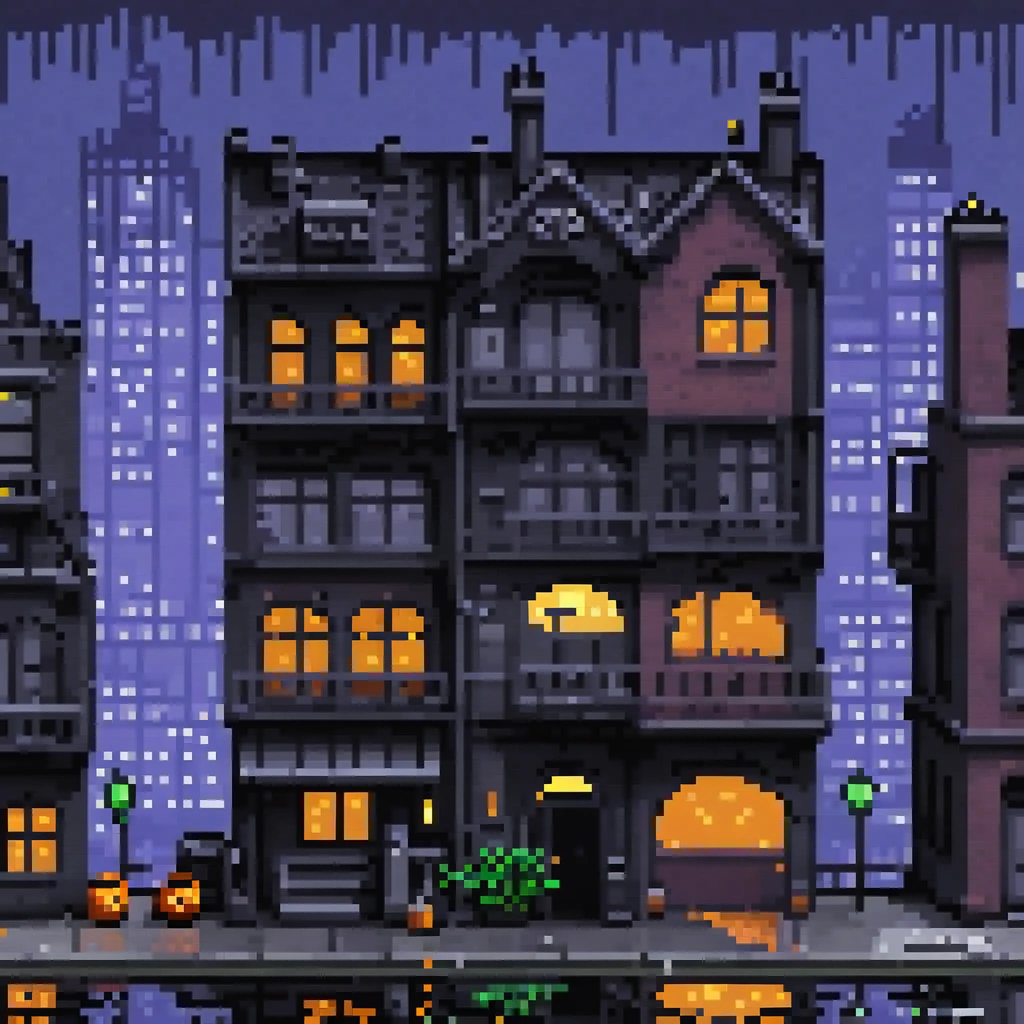 pixel art, 258 bits, sheet de casas de gotham city realista