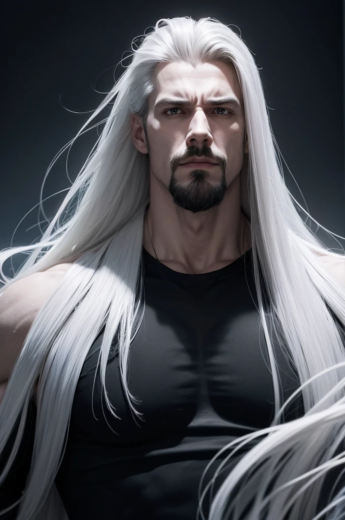 Create artwork of a tall white man with long hair and a goatee floating with his veins bulging and black as black mist comes out of his head.
