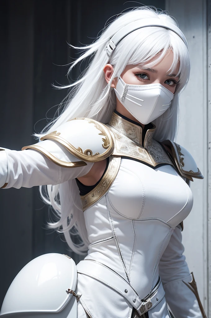 A warrior in white armor with white hair and a helmet covering her face