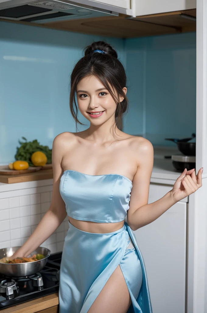 masterpiece, full body shot, diagonally front view, 1 woman per 1 photo, a Japanese young pretty woman, hyper pretty face, 18 years old, glamorous figure, big smile, wearing only a short length silky satin blue frilled apron directly naked, cooking in a kitchen, glossy lips, big smile, double eyelids in both eyes, natural makeup, long eyelashes, medium length shiny smooth light brown hair, asymmetrical bangs, tanned skin, head in the frame, central image, 8K resolution, high detail, detailed hairstyle, Detailed Face, spectacular cinematic lighting, octane rendering, vibrant, hyper realistic, perfect limbs, perfect anatomy
