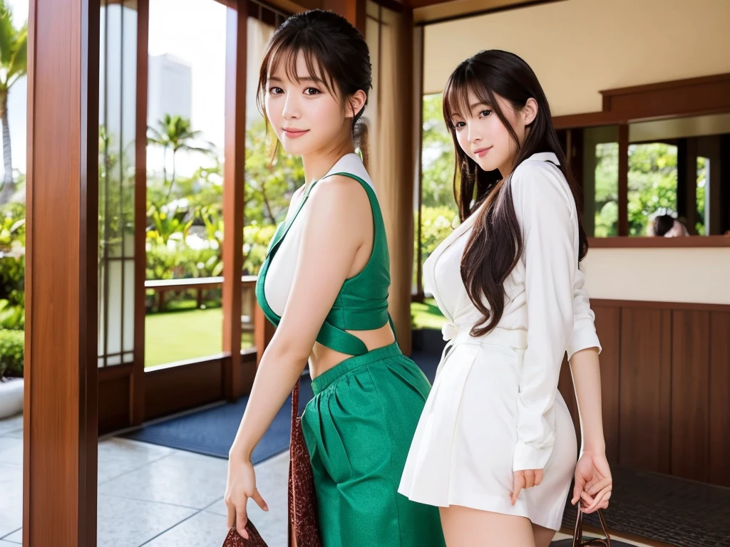 2girls,leering:1.5,Araffe Japanese model, hyperrealistic, drinking water in a glass with lots of ice next to yellow ducklings in a meadow,see-through costume,embroidery pattern,