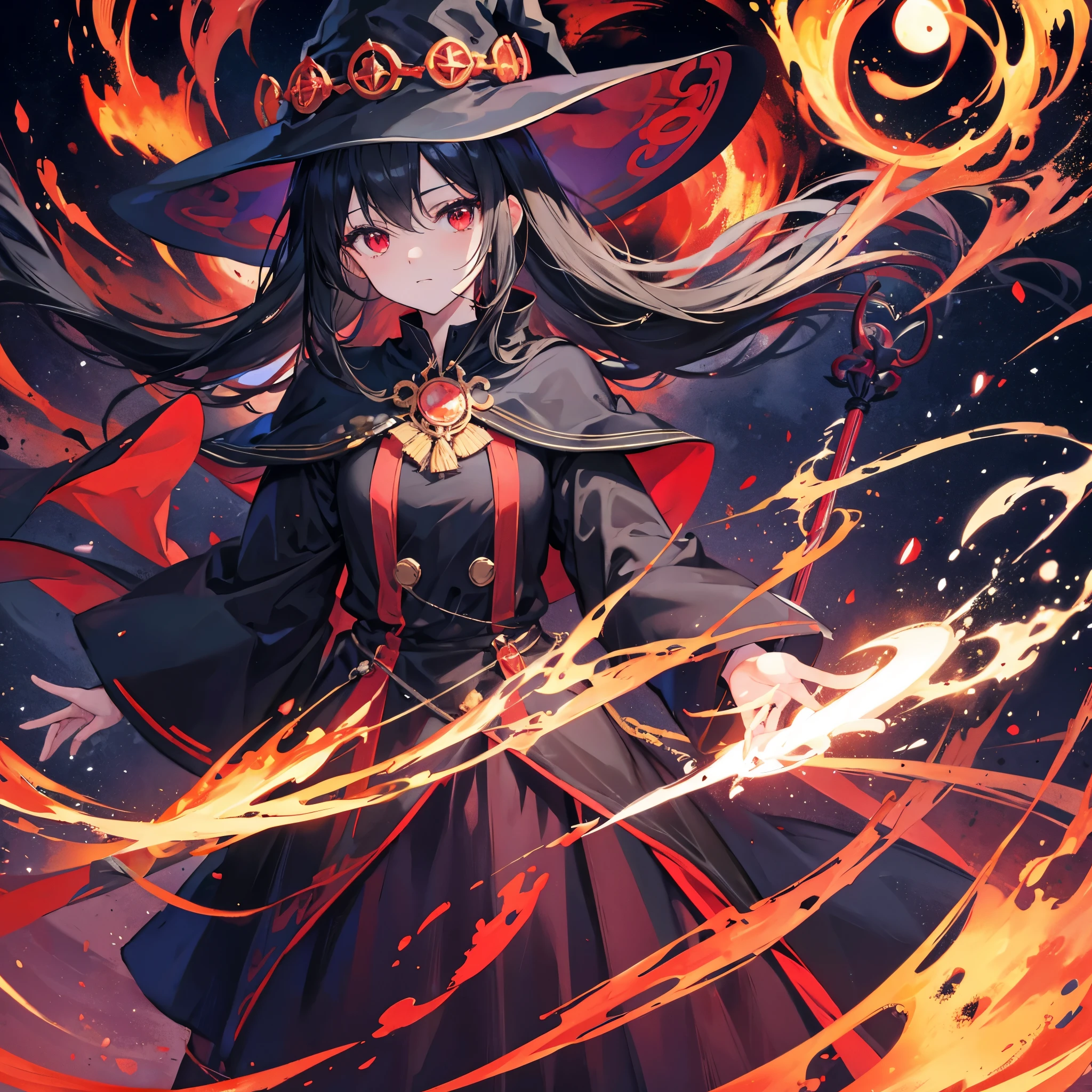 ((((witch　Lock))))　(((wand of flame　grimoire)))　((Black Hair　witchの帽子　Red eyes　smile　Looking down))　((explosion　fire))　(Magic Robe　Black Hole　despair　tears)　incantation　Runes　Shining Background　Shining Edge