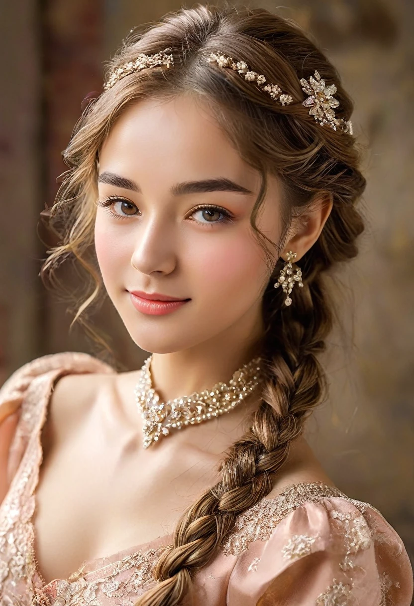 Highest quality,masterpiece, 1 Girl, alone, Model shoot, wonderful, Arena, (((I wore))), dreamy, View Users, smile, blush, hairpin,(( Braiding)), hair ornaments, ((Hair Clip)), 