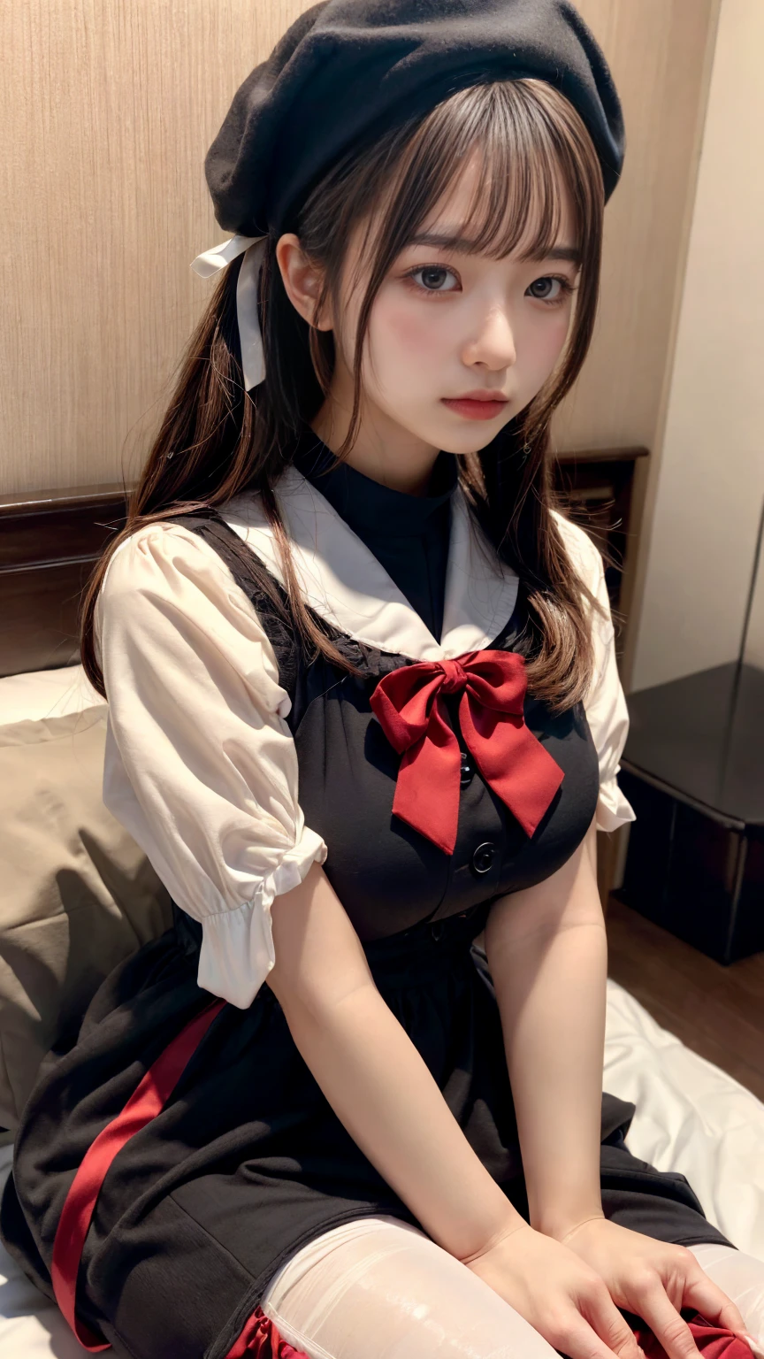 (absurdres:1.3), (highres:1.3), (ultra detailed:1.3),(1girl:1.3), (extremely detailed CG unity 8k wallpaper:1.3), (detailed skin texture, detailed cloth texture, detailed hair texture), (beautiful detailed face, supermodel, pale skin, realistic glistening skin), (RAW photo, best quality), (realistic, photo-realistic:1.4), masterpiece, extremely delicate and beautiful,Amazing, finely detail, extremely detailed CG unity 8k wallpaper, huge filesize, ultra-detailed, highres, absurdres, soft light,rim light, vibrant details, hotel room, straight hair, large breasts, black hair color, Big Natural Color Lip, (perfect body shape), beautiful legs, BREAK (black and red theme:1.4), (black ????????:1.5), (black sailor collar:1.4), ((short sleeve, bishop-sleeve):1.3), (black beret with white ribbon:1.4), (red tie:1.3), (double-breasted on (dress, skirt):1.3), ((red ribbon, white large-button):1.3), (red line on dress:1.2),

BREAK ((dark-brown pantyhose, loafers):1.2), crying a little、Harajuku style、20 year old girl、cute type、lolita、