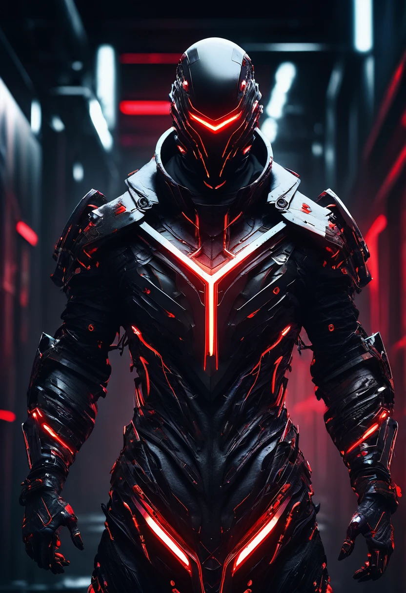 A menacing futuristic industrial design cyborg emerges from shadows, wear a hi tech mask, wielding dual scythes pulsing with red neon. Sleek black armor melds with a tattered hoodie, obscuring its futuristic breathing mask. Cinematic low-key lighting accentuates sharp edges and ominous silhouette. Hyper-detailed textures reveal intricate circuitry and battle scars. Dramatic composition emphasizes the figure's imposing presence. Color palette contrasts deep blacks with vibrant reds and cool whites. Rendered in ultra-high 8K resolution, capturing every eerie detail.