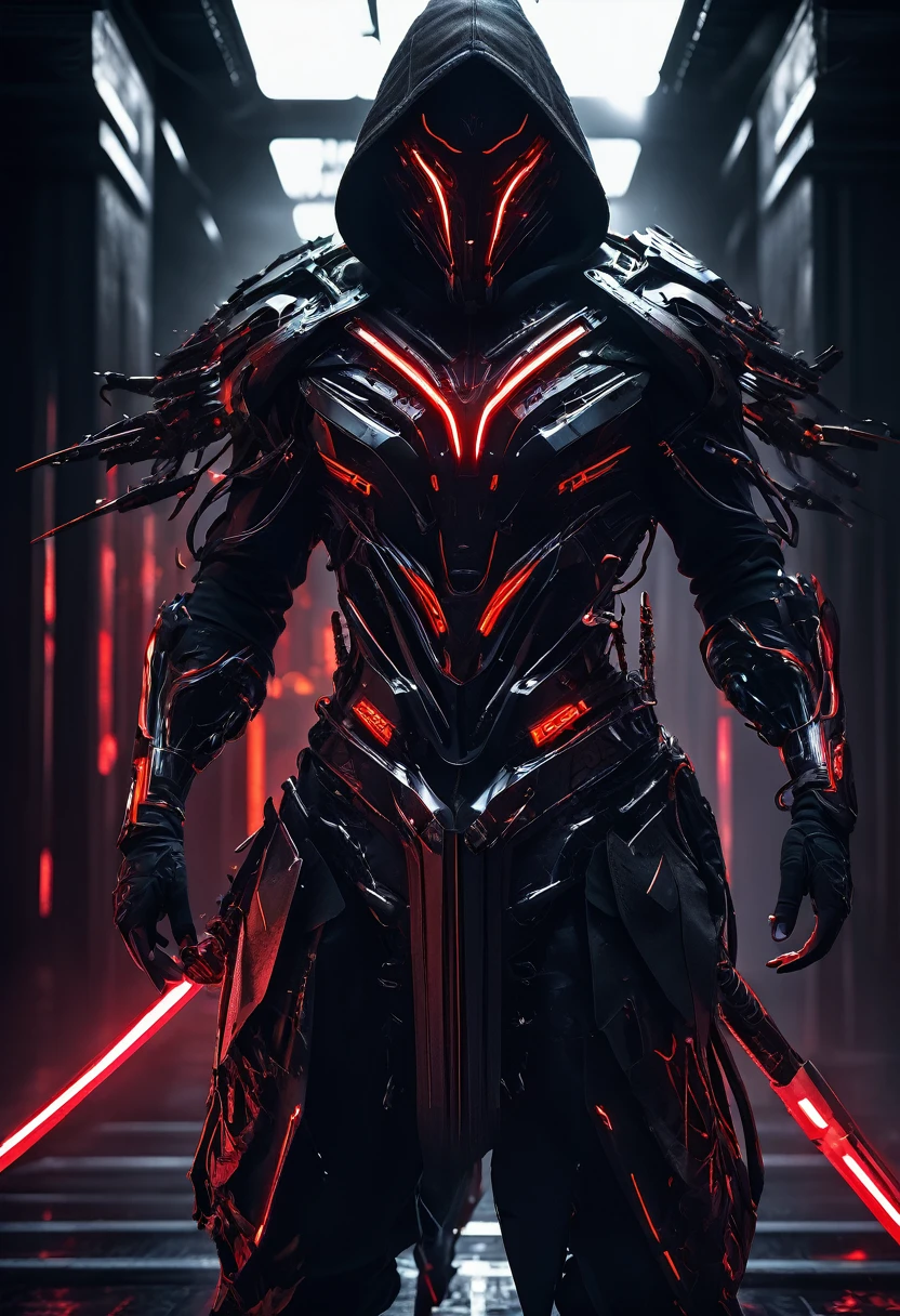 A menacing futuristic industrial design cyborg emerges from shadows, wear a hi tech mask, wielding dual scythes pulsing with red neon. Sleek black armor melds with a tattered hoodie, obscuring its futuristic breathing mask. Cinematic low-key lighting accentuates sharp edges and ominous silhouette. Hyper-detailed textures reveal intricate circuitry and battle scars. Dramatic composition emphasizes the figure's imposing presence. Color palette contrasts deep blacks with vibrant reds and cool whites. Rendered in ultra-high 8K resolution, capturing every eerie detail.