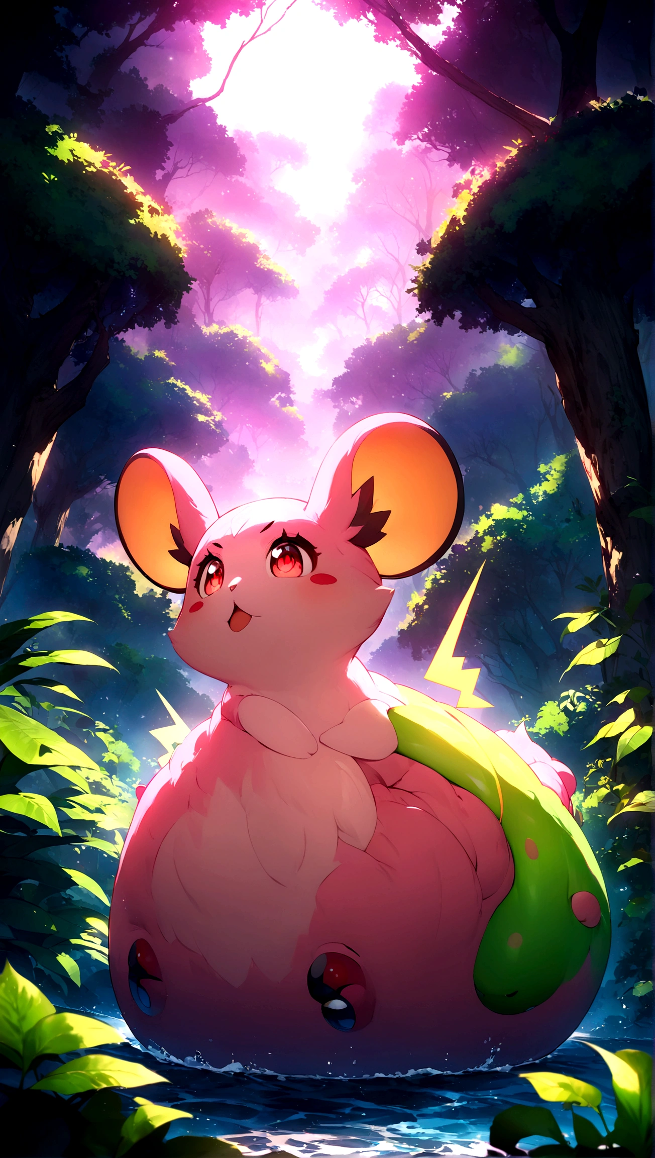 Create an ultra-high-quality anime-style image of a small, yellow, electric mouse-like creature with large, expressive eyes and red cheeks. This iconic character should have long, pointy ears with black tips and a lightning bolt-shaped tail. The creature is known for its playful and energetic personality. The scene should be highly detailed, showcasing the character in a vibrant, natural setting with lush greenery and sparkling water. The lighting should highlight the creature's fur texture and the vibrant colors of the environment. The overall image should be a stunning CG masterpiece, with meticulous attention to details, capturing the essence of this beloved electric creature from the world of pocket monsters.