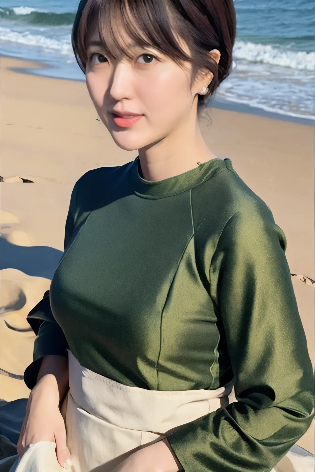 Masterpiece, Top quality, realistic, anatomically correct human body structure, very detailed, very delicate and beautiful, RAW photography, beach, professional lighting, luminescence, depth of field, single focal, Skinny Japanese lady, 40 years old, brown hair, small head, beautiful eyes, real face, realistic skin, detailed eyes, (fashionable hairstyle: 1.3), sexy pose, absurderes, Incredibly Ridiculous res, Extremely fine, Blouse, long skirt