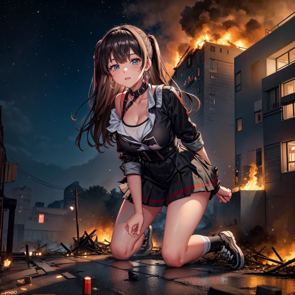 ((Destroyed city)) ((Burning)) ((Fire)) ((Explosion)) ((Black smoke)) ((Pile of rubble))
Masterpiece Unreal Engine Anime style Delicate drawing 4k 90's Giant Multiple girls Crowd School building City Giant high school girl standing in the valley of the school building Sailor suit Skirt Black hair Smile Female giant giant girl Whole body Destroyed skyscrapers Destroyed cars Crowd Unreal Engine, cleavage, a drawing of a , earrings, long hair, 1980s (style) Cute drawing, beautiful woman, analog style, whole body, sneakers