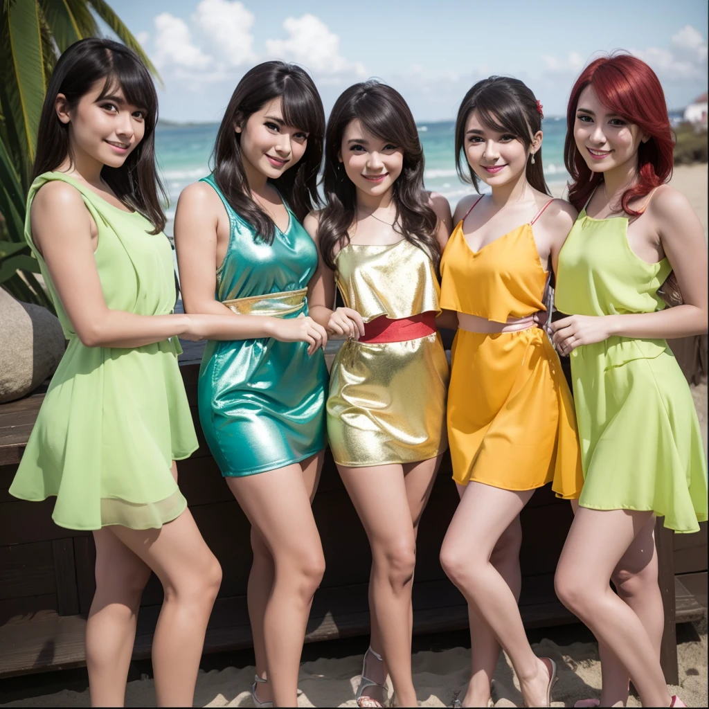 a beautiful group 5 women in Red Mini Corset Dress, stylish and smiling, taking photos together on a beach, long hair with bangs, photorealistic, 8k, high quality, detailed, vibrant colors, natural lighting, cinematic