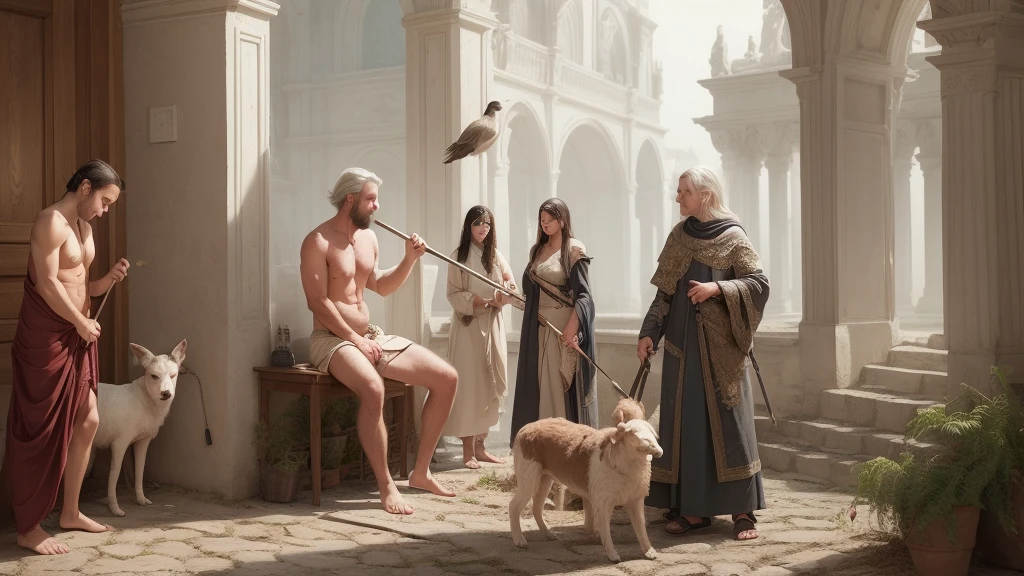 six naked womans in market, sit, stand, knree, lie, man, white hair, hairy torso, fantasy, intricate, elegant, highly detailed, digital painting, artstation, concept art, smooth, sharp focus, illustration , man, shepherd holding a stick, wandering, and dogs and birds, blood, dirty clothes, shepherd holding a stick,, white hair, hairy torso, fantasy, intricate, elegant, highly detailed, digital painting, artstation, concept art, smooth, sharp focus, illustration,