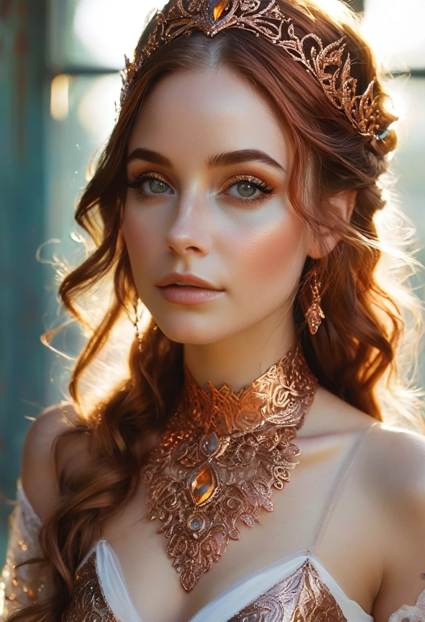 Steampunk inspired goblin princess. copper wire necklaces and bangles. Crown of fine copper wire. copper coloured tatoos cover her face and body intricate and beautiful designs. LArge pointed ears that end in curlicues. Hands on hips. Ember colored eyes adorned with intricate copper wireing. a pure white dress, hemmed with copper, covered in copper lace and filligree. silver designs cover the skirt in a kaleidoscope of intricate copper designs. Background is magical verdant forrest. Her visage is a mesmerizing blend of Sydney Sweeney, Alison Brie, Dove-Cameron, creating a unique, symmetrical face that exudes elegance and grace. copper colores face tattoos. Copper colored arms, and chest tatoos. Cozy, romantic lighting. Cheerful smile. Copper hair that shimmers and sparkles in the lights. Hourglass figure. copper lips. dark copper eye shadow.