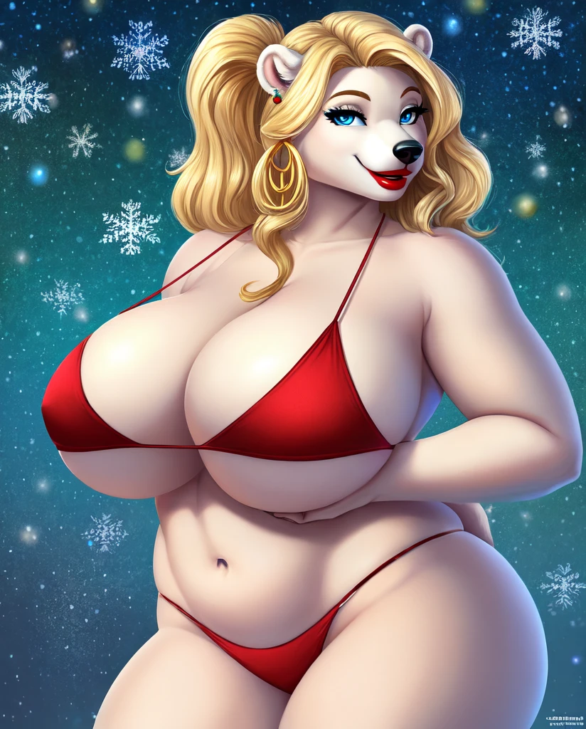 Blonde polar bear woman, wearing a Christmas bikini, perfect face, blue eyes, big breasts, three-quarter view, solo, smile, perfect detailed body, red lipstick, gold earrings