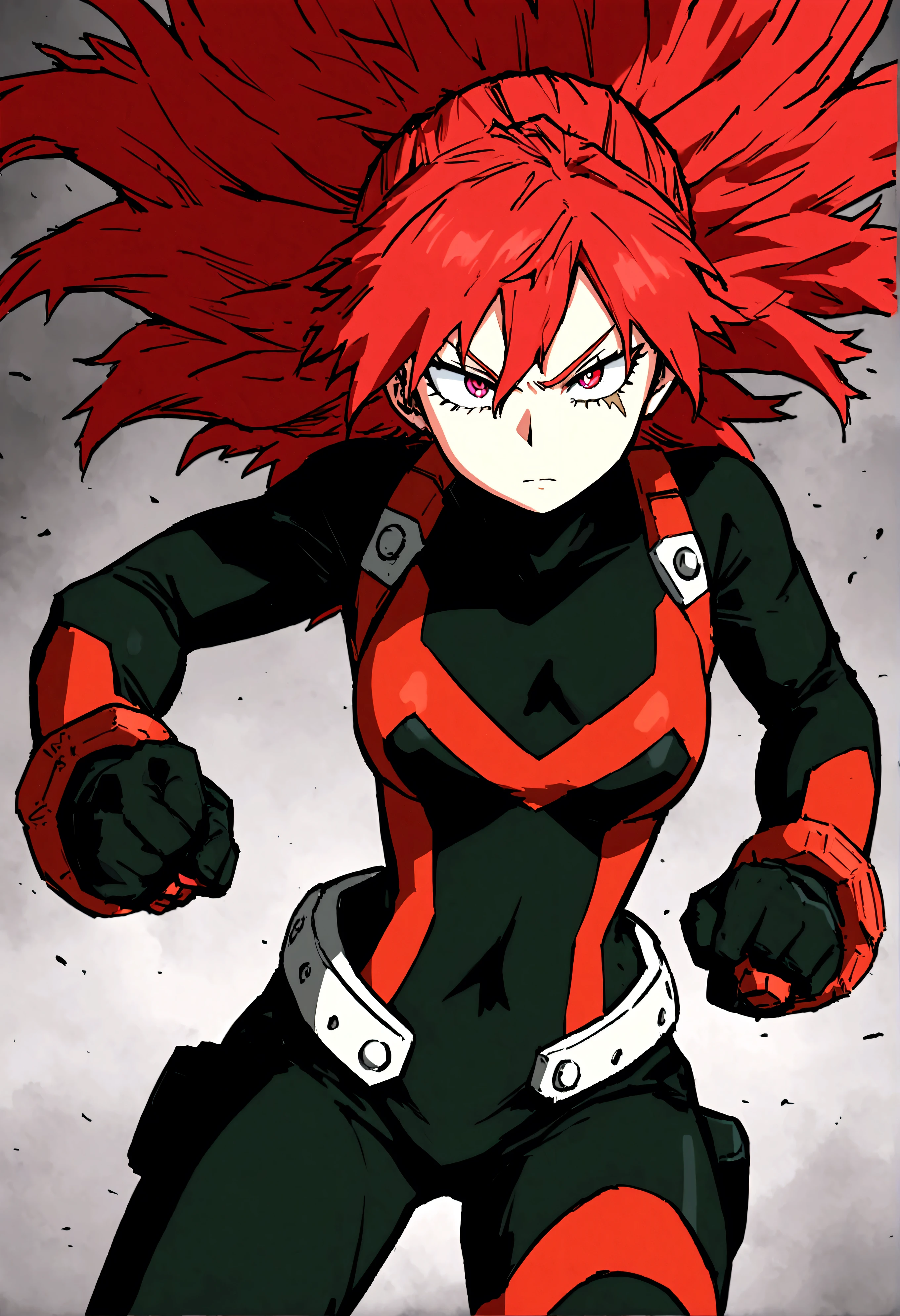 Screenshot from anime boku no hero academia: age anime girl with dominant personality, tall, 1.70 tall, long messy red hair, small very slanted bright ruby eyes, with a small scar near her left eye, using her Black hero suit with red lines, annoyingly ready to fight.