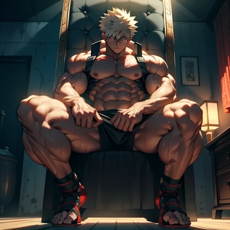 1 boy, Bakugou shirtless on the throne and muscular , sweating, detailed good lighting, Full body