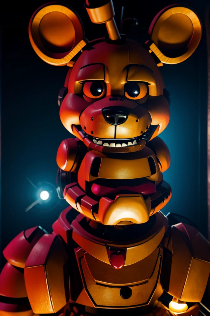 there is a fake five - eyed robot standing on a stage, animatronic, freddy fazbear, animatronics, five nights at freddy's, five nights at freddy’s, five nights at freddys, fnaf, freddy fazbear's pizzeria, horror animatronic, commission of freddy fazbear, animatronic john c. reilly. (a large penis, detailed genitalia, steaming erect penis), hyper-detailed, 8k, high quality, photorealistic, 3d render, intricate details, masterpiece, cinematic lighting, dramatic shadows, (female anatomy highly accurate:1.4), (erect penis extremely realistic:1.5)((with a big cock)), (ballsack), (steaming coming from her cock),