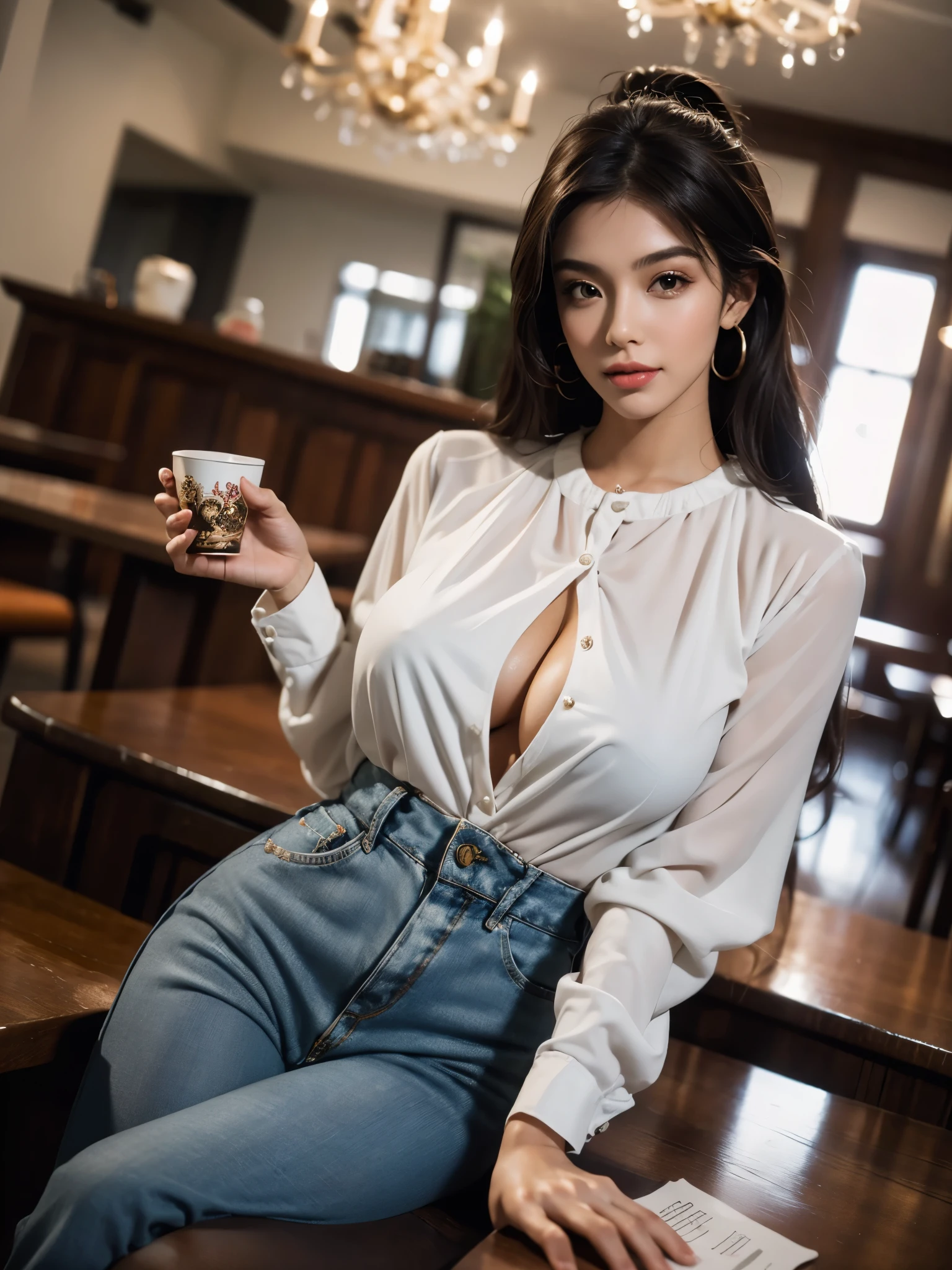 (in perspective) a beautiful sexy brunette woman, perfect 23 year old secretary, straight hair and ponytail, white, oily, silky skin (moist) fleshy lips, (photorealisitic:photorealisitic, Masterpiece 8k), big breasts wearing a tight white shirt (emphasis on breasts), sitting at a table in a restaurant holding a cup of coffee (hyperrealisitic: realisitic, environment with intricate details),  with a sensual line on her face: (texture and environment professional photography pure perfect lighting).