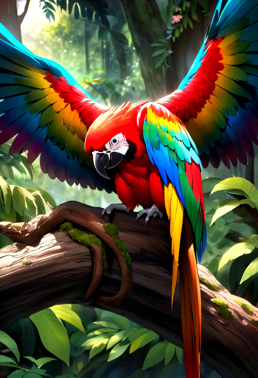 A macaw，in the rainforest，Stand on a branch and whip your wings，plethora of colors，Strong layering，