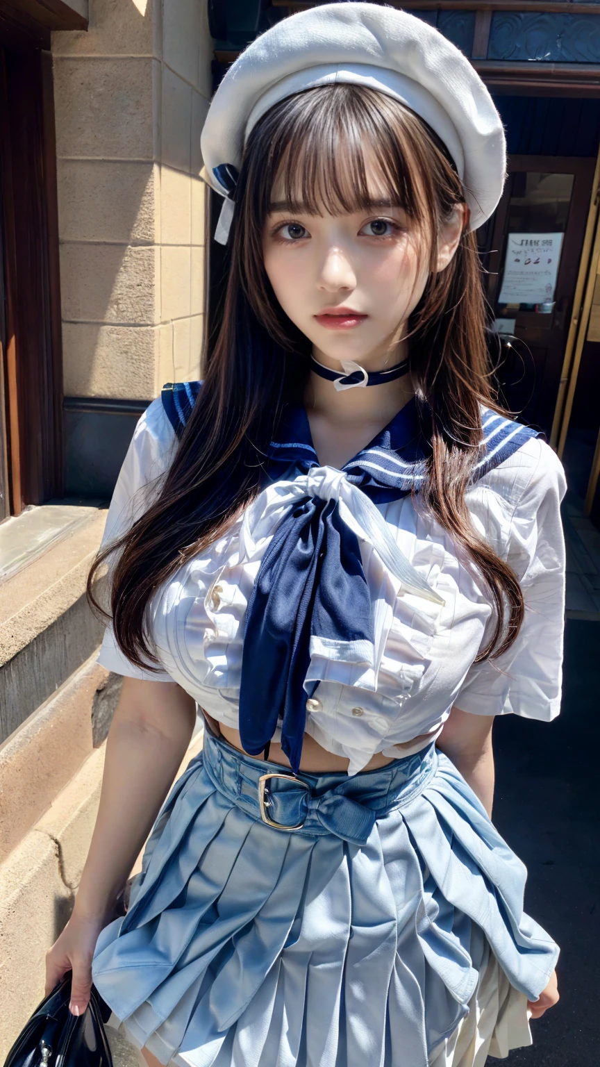 (absurdres:1.3), (highres:1.3), (ultra detailed:1.3),(1girl:1.3), (extremely detailed CG unity 8k wallpaper:1.3), (detailed skin texture, detailed cloth texture, detailed hair texture), (beautiful detailed face, supermodel, pale skin, realistic glistening skin), (RAW photo, best quality), (realistic, photo-realistic:1.4), masterpiece, extremely delicate and beautiful,Amazing, finely detail, extremely detailed CG unity 8k wallpaper, huge filesize, ultra-detailed, highres, absurdres, soft light,rim light, vibrant details, hotel room, straight hair, large breasts, black hair color, Big Natural Color Lip, (perfect body shape), beautiful legs, (white (skirt, pleated skirt):1.5), (white beret with light-blue ribbon:1.4), (blue sailor collar:1.4), (white shirt:1.4), (double-breasted on deep-blue waist cincher:1.3), (short bishop-sleeve:1.3), (light-blue ribbon:1.3), ((white socks, loafers):1.2), crying a little、Harajuku style、20 year old girl、cute type、lolita、