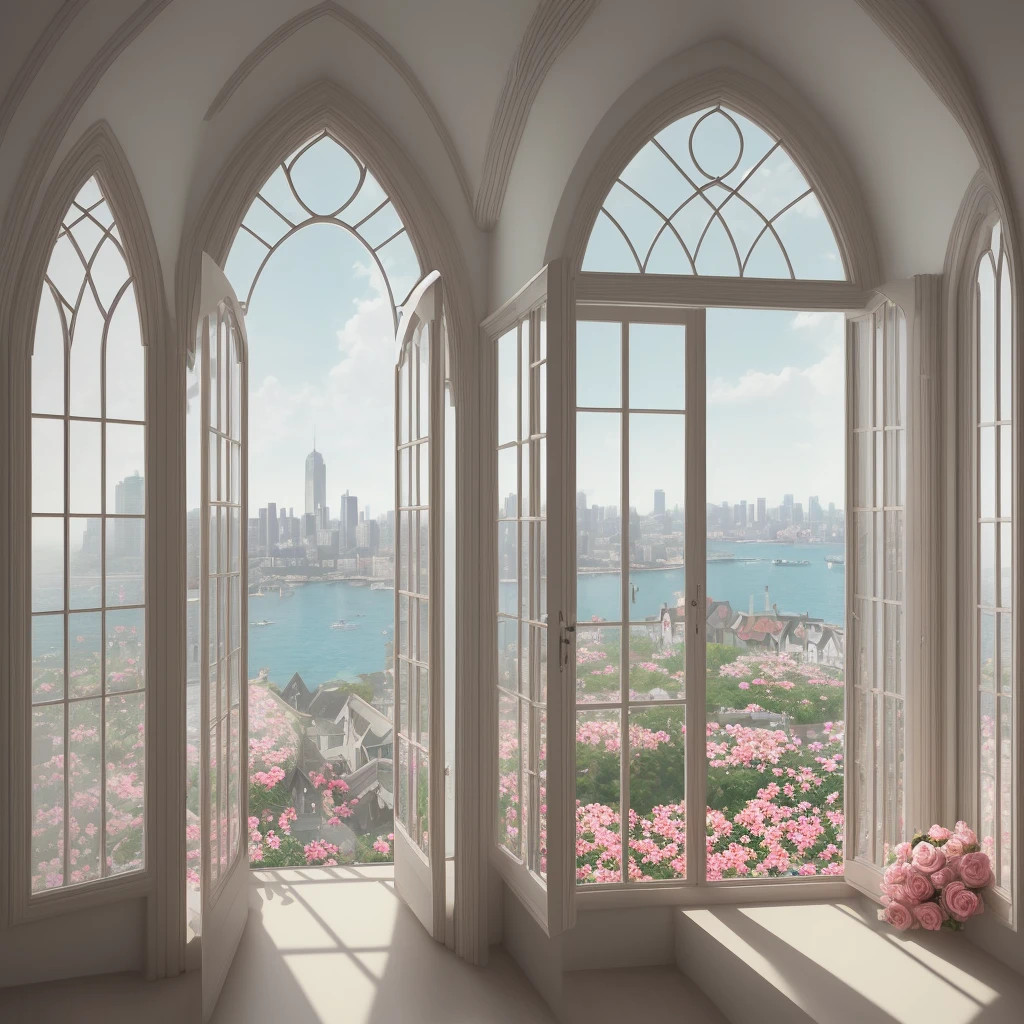there is a realistic details sharp contrast a room with a large window and a bunch of cherry flowers, open real window ib background, photo of a beautiful window, portal made of roses, beatiful realistic backgrounds, beautiful and aesthetic realistic , the window is open, beautiful scenic realistic sea view, floral environment, open window, unreal engine ; romantic theme, beautiful aesthetic design, window and city background, beautiful render of a fairytale