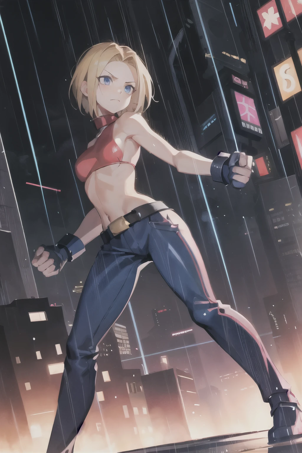 maryms, best quality, (beauty), masterpiece, 1 girl, render based on physics, ultra highres, narrow waist, thin, big eyes, long legs, (small breasts), swollen eyes, night, (rainy city), bright skin, facing the viewer, fighting posture, (close the fist), firm expression,