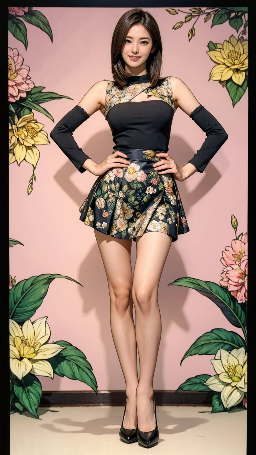 ((masterpiece)),(((Highest quality))),Thin thighs,Long legs,whole body:1.5,(One Girl:1.3),(Black pantyhose and thick pointy heels:1.3),(Wearing a mini mini mini flare skirt dress with floral and ornamental plant patterns:1.2),Short Blonde:1.2、Model pose,high waist:1.5、Standing with legs apart:1.5,A cute pose with hands on hips and chest out:1.5,The best smile:1.5,high waist:1.5