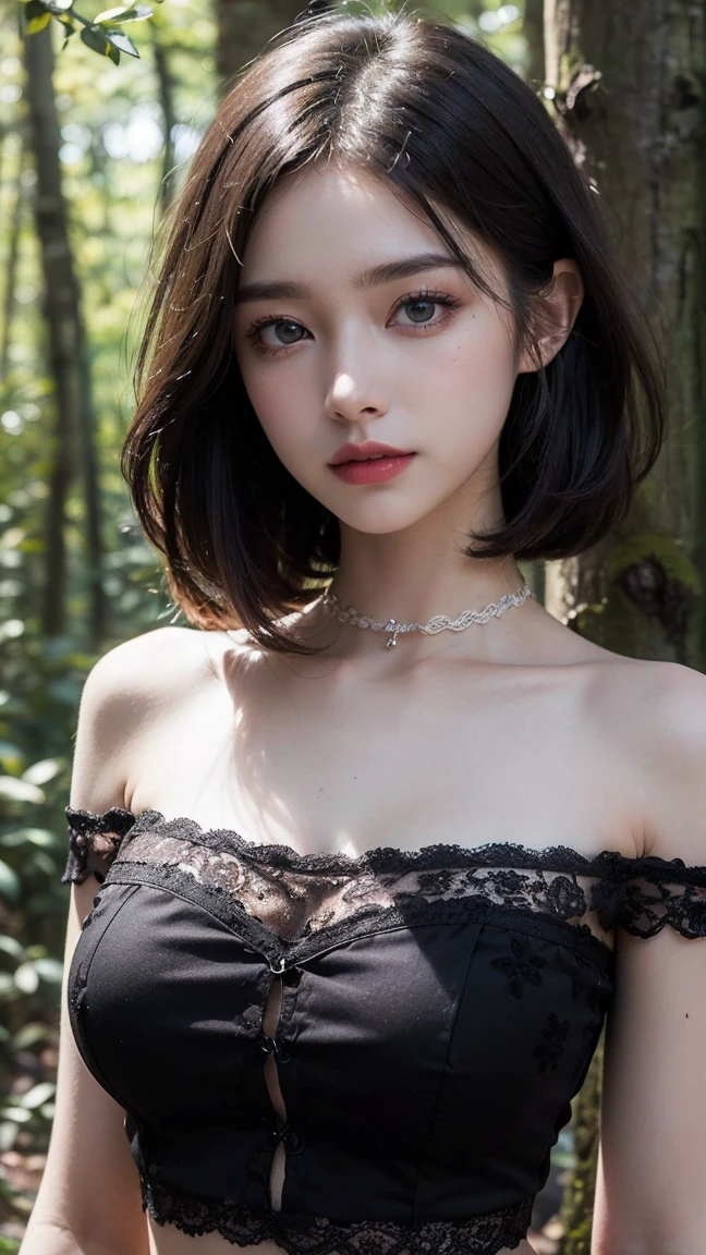 Standing in the forest, Hair flow, ((highest quality, masterpiece, 8k, Best image quality, Ultra-high resolution, Award-winning works), (Accurate anatomy:1.1), (Look at me and smile:1.1), Shining fair skin with Ultra-high resolution, The most detailed face, Ultra-high resolution detailed face, Ultra-high resolution hair, (Ultra-high resolution eye:1.1), Beautiful face drawn in every detail, (Floral lace black tube top:1.3), Costume, Chest to chest, Strange atmosphere, A real werewolf stares at her.., Dark Light, in the forest, Heavy makeup