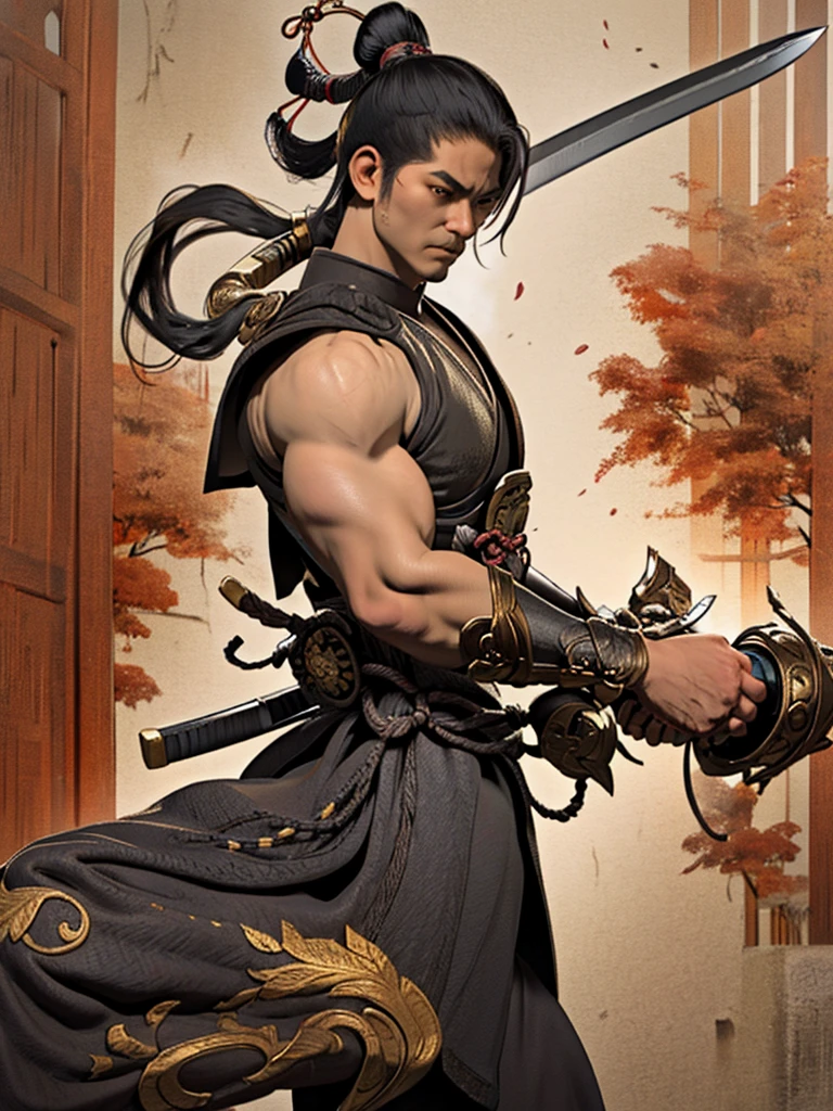 Imagine a samurai of about 35 years old, with impeccable posture and a presence that exudes discipline and honor. He has 1,80 metro de altura, a strong physical constitution, but agile, indicating years of rigorous training and intense combat. Your skin is tanned by the sun, with some discreet scars that tell stories of past battles.

Your face is serious and determined, with angular and well-defined features. The eyes are dark, deep and observant, transmitting wisdom acquired through a life dedicated to the warrior&#39;s path. He has thick, well-defined eyebrows, that further accentuate his resolute expression. The hair is black and long, tied into a traditional bun on top of the head, leaving just a few loose strands to fall around the face.

He wears traditional samurai armor, composed of finely crafted iron plates, painted a deep red and decorated with gold details. Over the armor, wears a black haori with the symbol of his clan embroidered in white on the back. Armor is functional and stylish, allowing freedom of movement whilst offering maximum protection.

On your waist, carries two swords: A Katana and a Wakizashi, both with polished wooden scabbards and gold details. The katana has a long, curved blade, with an extremely sharp edge, while wakizashi is shorter, but equally lethal. Both swords are family heirlooms, transmitted from generation to generation.

Your feet are shod in war sandals, feitas de couro resistente, that allow you to move silently and quickly. Every step you take is precise and controlled, demonstrating his rigorous training and dedication to bushido, the samurai code of honor.