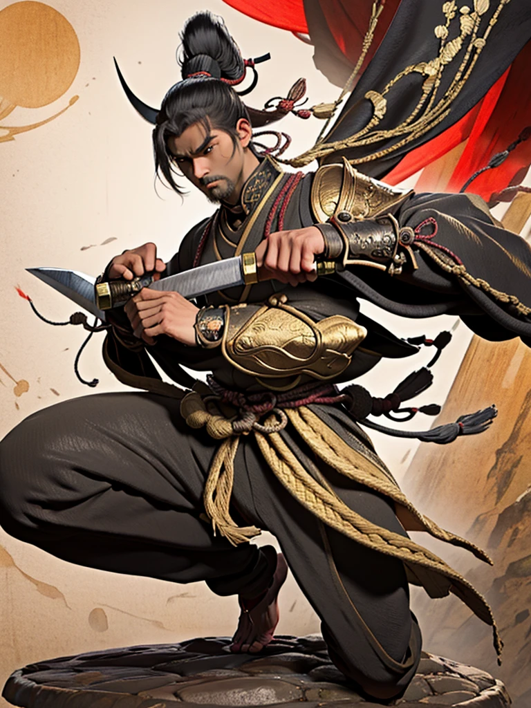 Imagine a samurai of about 35 years old, with impeccable posture and a presence that exudes discipline and honor. He has 1,80 metro de altura, a strong physical constitution, but agile, indicating years of rigorous training and intense combat. Your skin is tanned by the sun, with some discreet scars that tell stories of past battles.
Your face is serious and determined, with angular and well-defined features. The eyes are dark, deep and observant, transmitting wisdom acquired through a life dedicated to the warrior's path. He has thick, well-defined eyebrows, that further accentuate his resolute expression. The hair is black and long, tied into a traditional bun on top of the head, leaving just a few loose strands to fall around the face.
He wears traditional samurai armor, composed of finely crafted iron plates, painted a deep red and decorated with gold details. Over the armor, wears a black haori with the symbol of his clan embroidered in white on the back. Armor is functional and stylish, allowing freedom of movement whilst offering maximum protection.
On your waist, carries two swords: A Katana and a Wakizashi, both with polished wooden scabbards and gold details. The katana has a long, curved blade, with an extremely sharp edge, while wakizashi is shorter, but equally lethal. Both swords are family heirlooms, transmitted from generation to generation.
Your feet are shod in war sandals, feitas de couro resistente, that allow you to move silently and quickly. Every step you take is precise and controlled, demonstrating his rigorous training and dedication to bushido, the samurai code of honor.