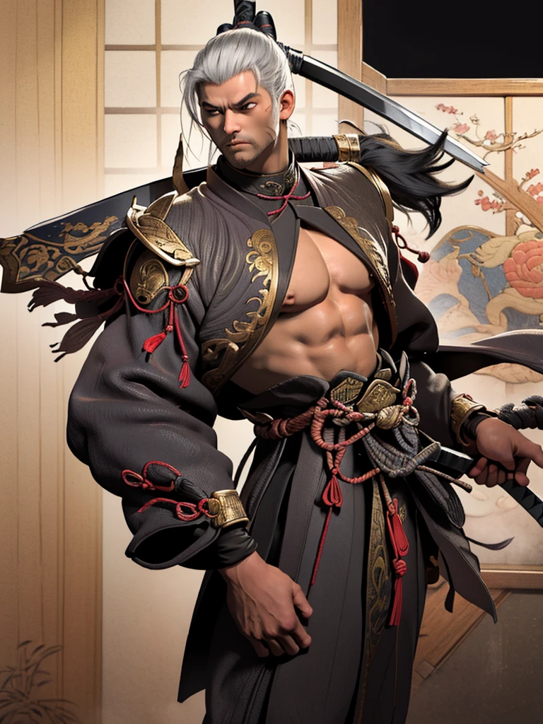 Imagine a samurai of about 35 years old, with impeccable posture and a presence that exudes discipline and honor. He has 1,80 metro de altura, a strong physical constitution, but agile, indicating years of rigorous training and intense combat. Your skin is tanned by the sun, with some discreet scars that tell stories of past battles.
Your face is serious and determined, with angular and well-defined features. The eyes are dark, deep and observant, transmitting wisdom acquired through a life dedicated to the warrior's path. He has thick, well-defined eyebrows, that further accentuate his resolute expression. The hair is black and long, tied into a traditional bun on top of the head, leaving just a few loose strands to fall around the face.
He wears traditional samurai armor, composed of finely crafted iron plates, painted a deep red and decorated with gold details. Over the armor, wears a black haori with the symbol of his clan embroidered in white on the back. Armor is functional and stylish, allowing freedom of movement whilst offering maximum protection.
On your waist, carries two swords: A Katana and a Wakizashi, both with polished wooden scabbards and gold details. The katana has a long, curved blade, with an extremely sharp edge, while wakizashi is shorter, but equally lethal. Both swords are family heirlooms, transmitted from generation to generation.
Your feet are shod in war sandals, feitas de couro resistente, that allow you to move silently and quickly. Every step you take is precise and controlled, demonstrating his rigorous training and dedication to bushido, the samurai code of honor.