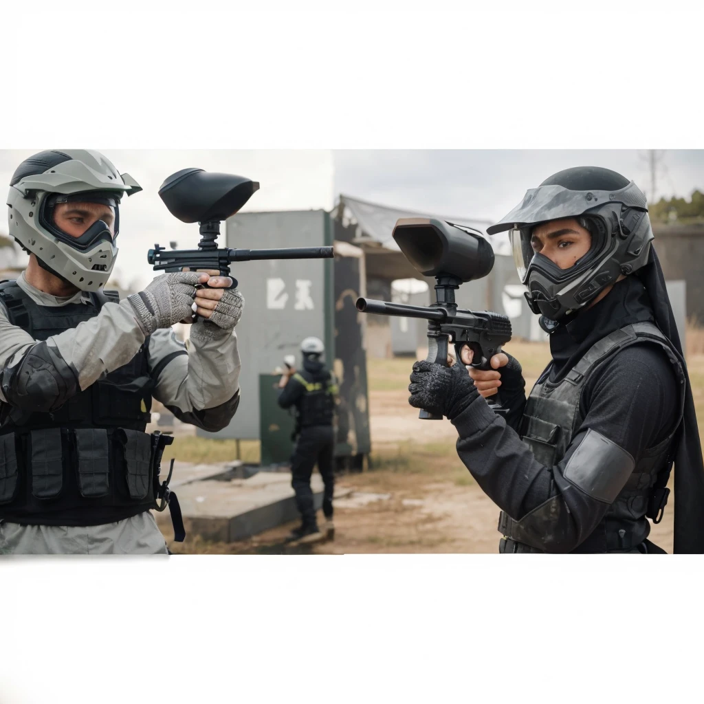 picture from the side, 30 year old man, muscular, wearing a helmet, wearing a gray long-sleeved paintball uniform, wearing a gray vest, the man is holding up a paintball marker towards the enemy in front of him, namely a woman wearing a hijab, wearing a helmet black, wearing a black paintball uniform, wearing a black vest, very epic scene where the two of them point paintball markers at each other in a match, background of the paintball field during the day, cinematic, realistic, 4k, very detailed, intricate design