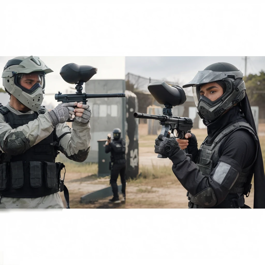 picture from the side, 30 year old man, muscular, wearing a helmet, wearing a gray long-sleeved paintball uniform, wearing a gray vest, the man is holding up a paintball marker towards the enemy in front of him, namely a woman wearing a hijab, wearing a helmet black, wearing a black paintball uniform, wearing a black vest, very epic scene where the two of them point paintball markers at each other in a match, background of the paintball field during the day, cinematic, realistic, 4k, very detailed, intricate design